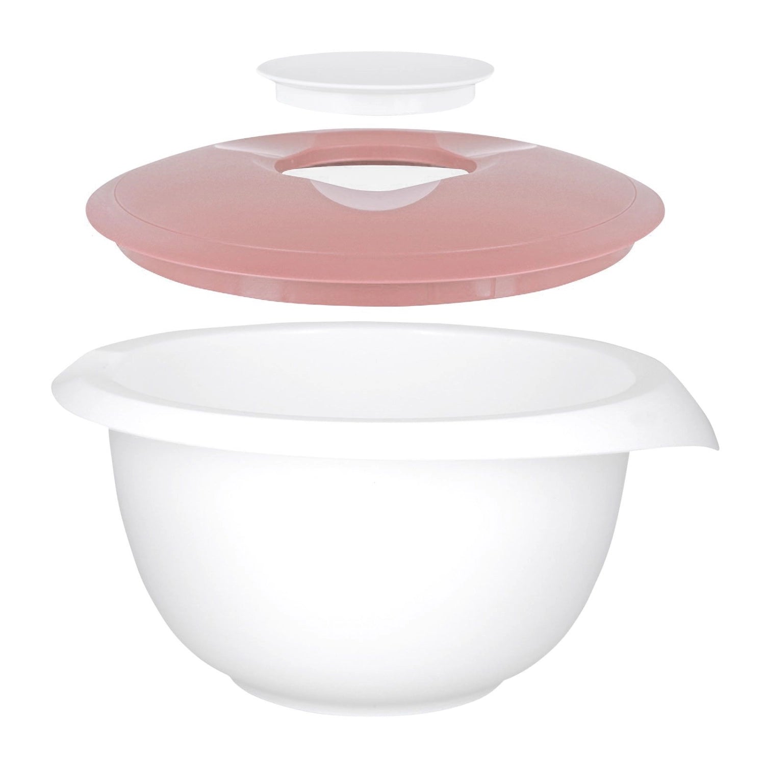 Elegante Rührschüssel in zartem Rosa, 2,5 l, ausgestattet mit einem praktischen Spritzschutz von Westmark – ideal für sauberes und einfaches Rühren.