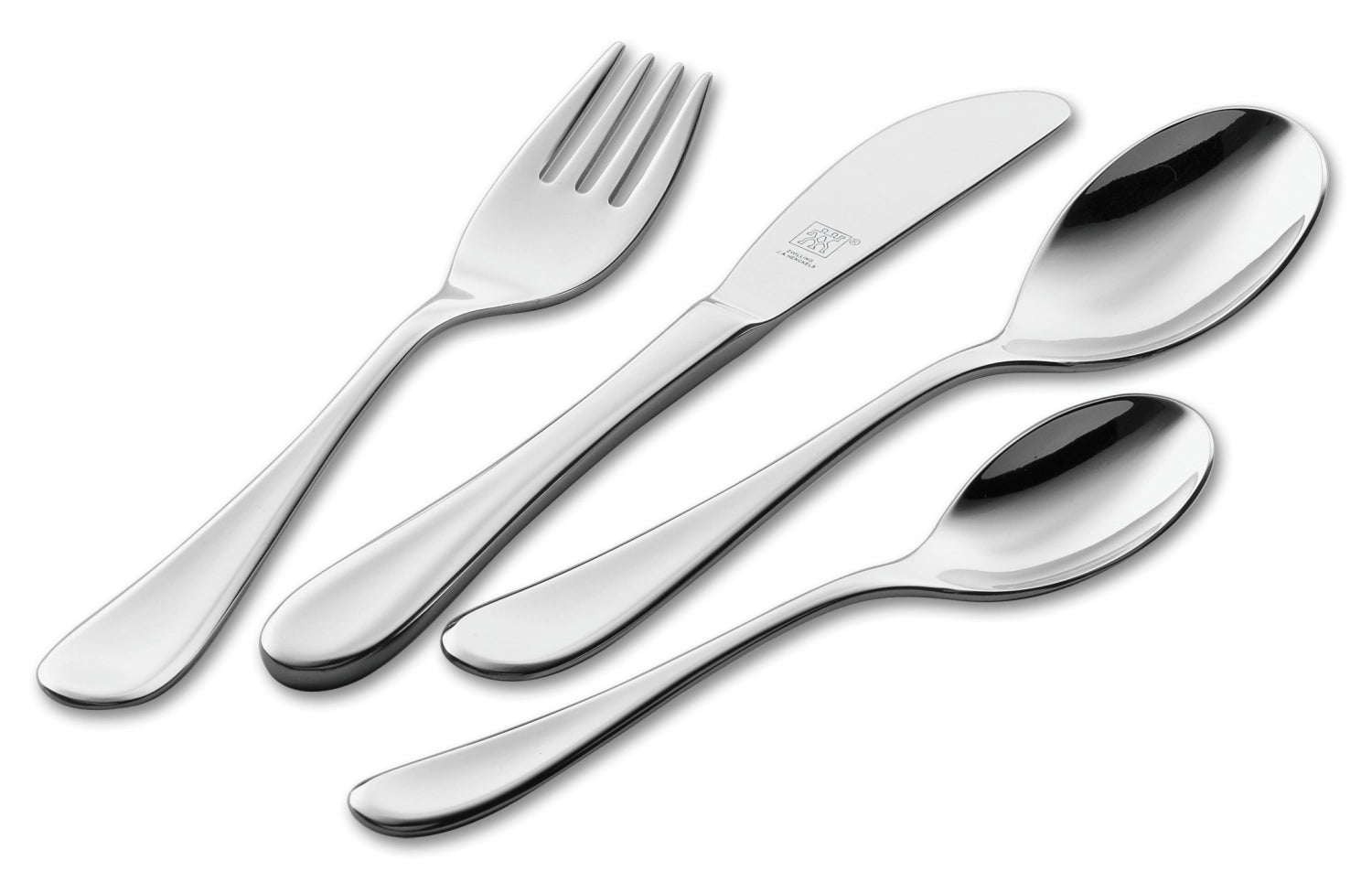Verspieltes 4-teiliges Kinderbesteck Filou von Zwilling, ideal für Kinder, um das Essen spielerisch zu lernen und selbstständig zu genießen.