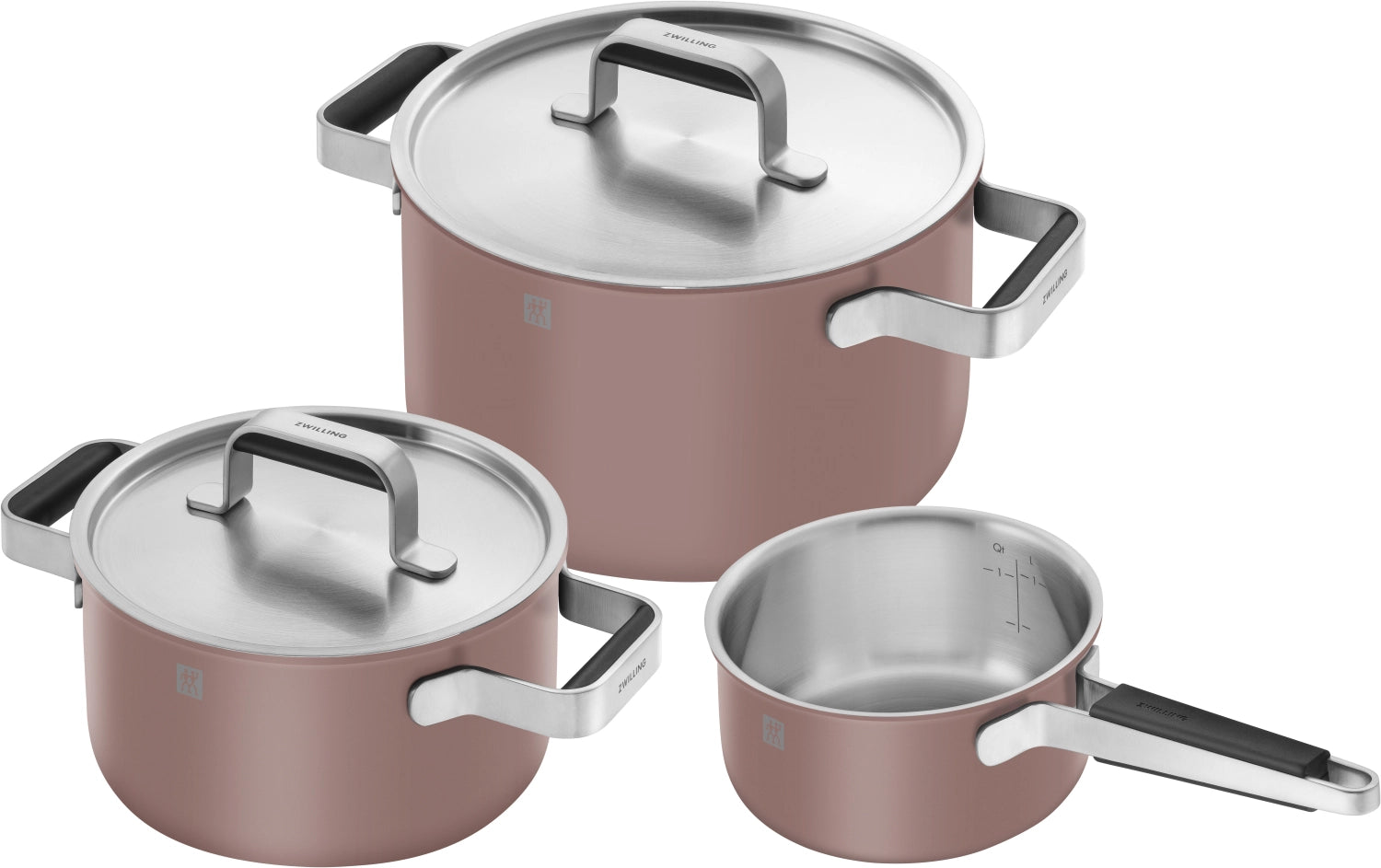 Stylisches 3-teiliges Kochgeschirrset in zartem Rosa von Zwilling, ideal für stilvolles Kochen und ansprechende Küchendekoration.