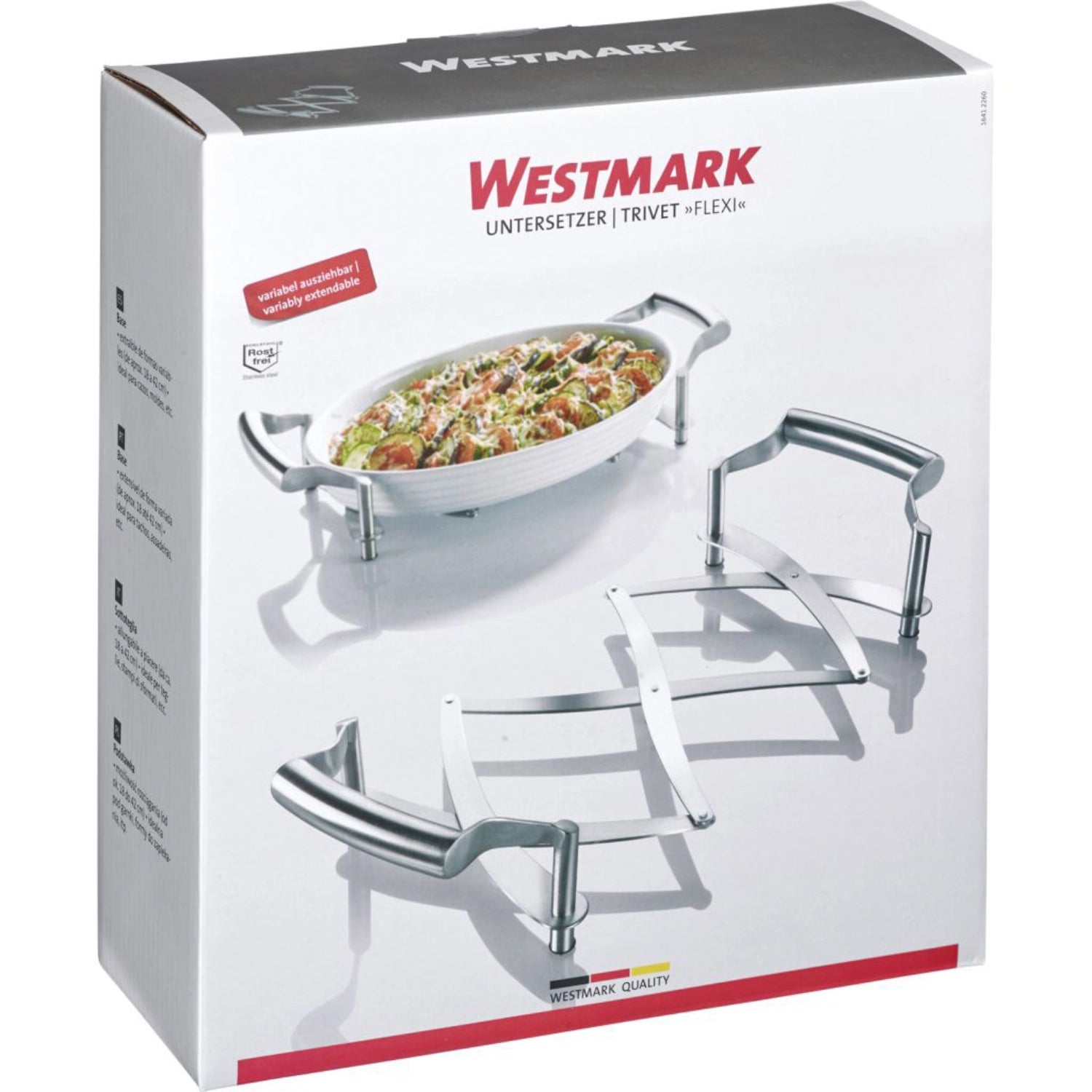 Flexibler Untersetzer von Westmark, ausziehbar von 18 bis 42 cm, in elegantem Silber, ideal zum Schutz von Oberflächen vor Hitze und Kratzern.