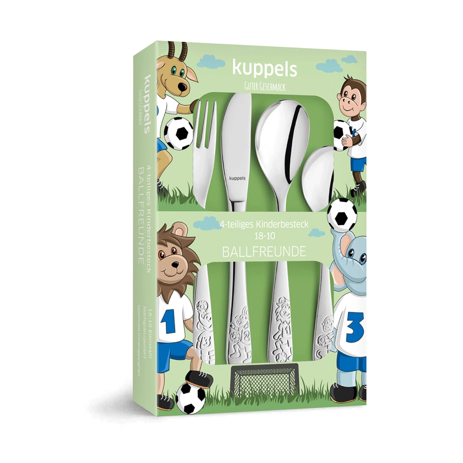 Buntes 4-teiliges Kinderbesteck "Ballfreunde" von Amefa, ideal für kleine Esser, aus robustem Edelstahl für fröhliche Mahlzeiten.