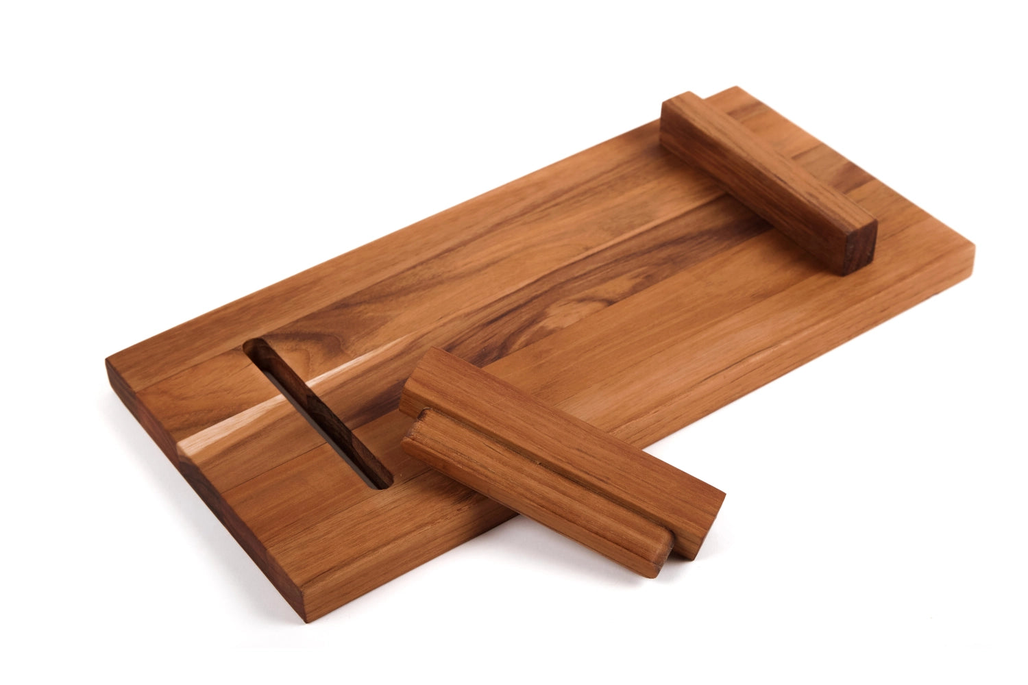 Stilvolle Servierplatte aus Teakholz mit Füßen, 53x22x4.6cm, perfekt für kreative Anrichte und besondere Anlässe.