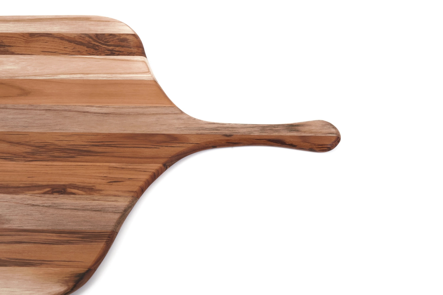 Elegantes Servierbrett aus Teakholz im Canoe-Design, ideal für Pizza und Snacks, mit praktischem Griff für einfaches Tragen und Servieren.