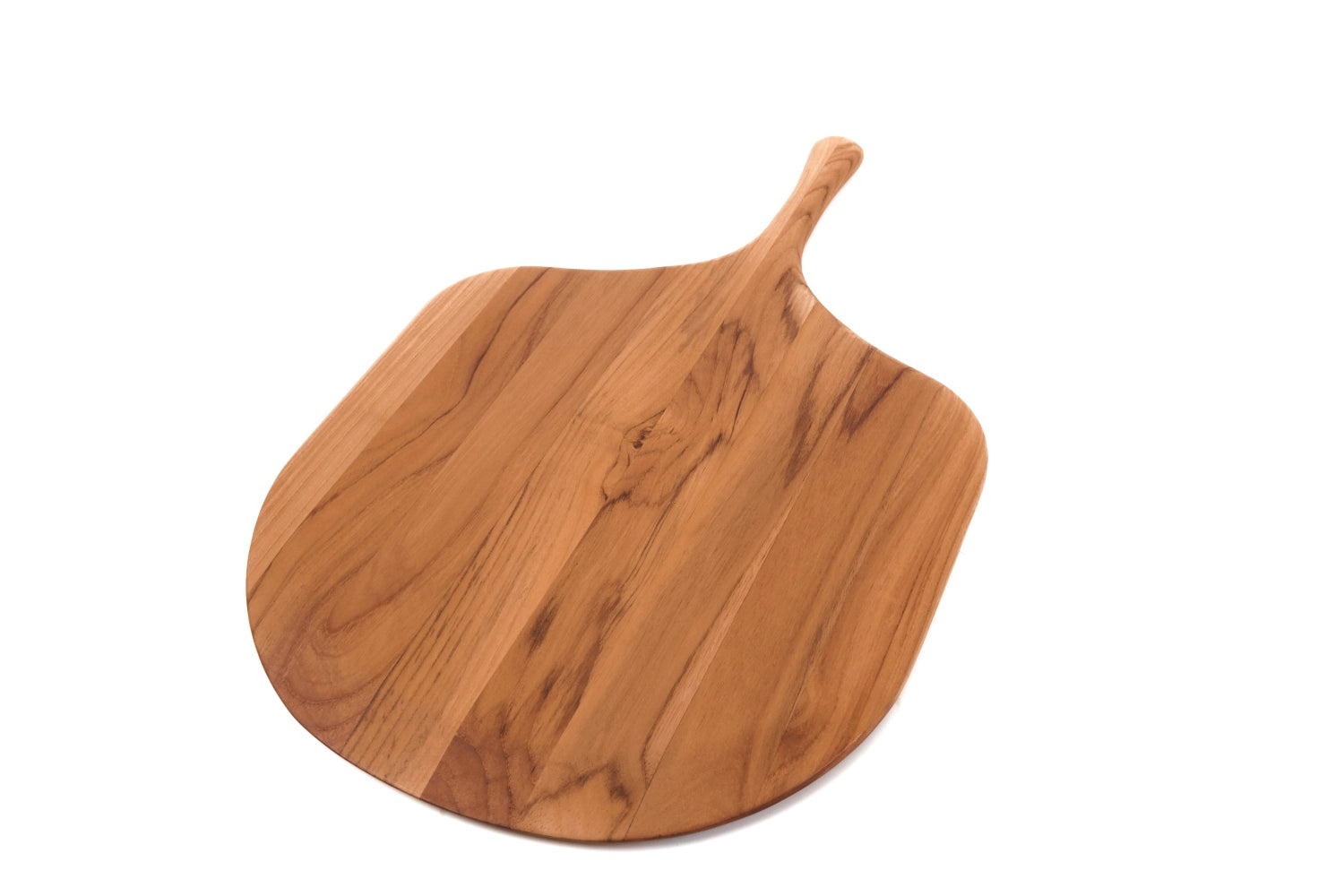 Elegantes Servierbrett aus Teakholz im Canoe-Design, ideal für Pizza und Snacks, mit praktischem Griff für einfaches Tragen und Servieren.