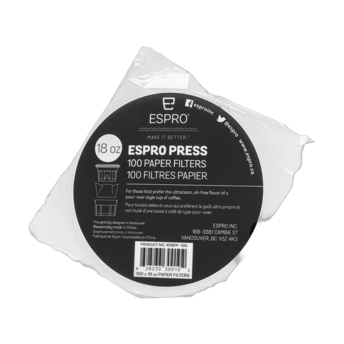 Schwarze Verpackung mit Kaffeefilter Papier aus Papier/Karton für die Espro French Press 532ml, rechteckige Form, kompakte Grösse.