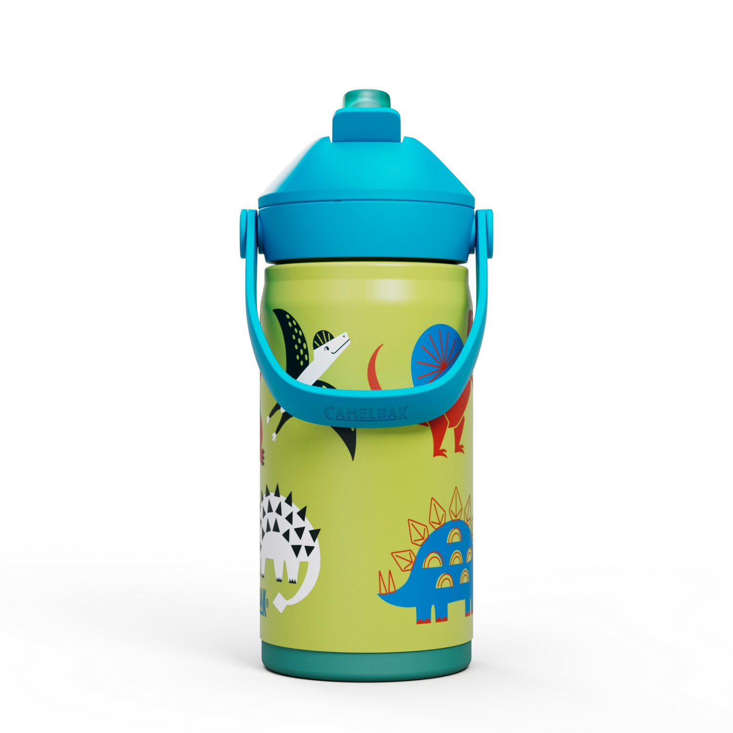 Bunte Camelbak Trinkflasche "Thrive Flip Straw Kids VSS 0.35l" mit Dino-Motiv, perfekt für Kinder und unterwegs.