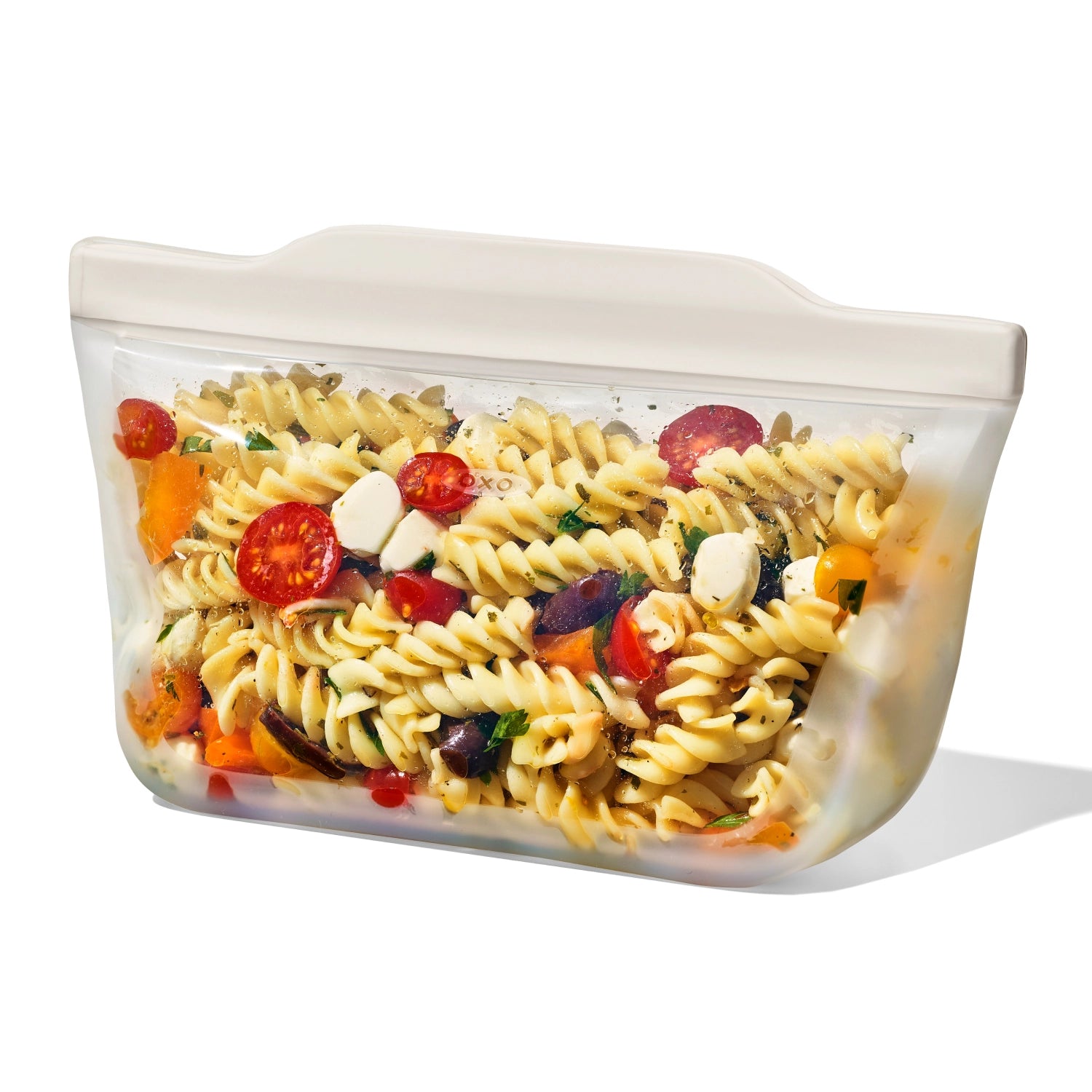Praktische OXO Good Grips Silikon-Aufbewahrungstasche (946ml) im aufrechten Design, perfekt für frische Lebensmittel und einfache Organisation.