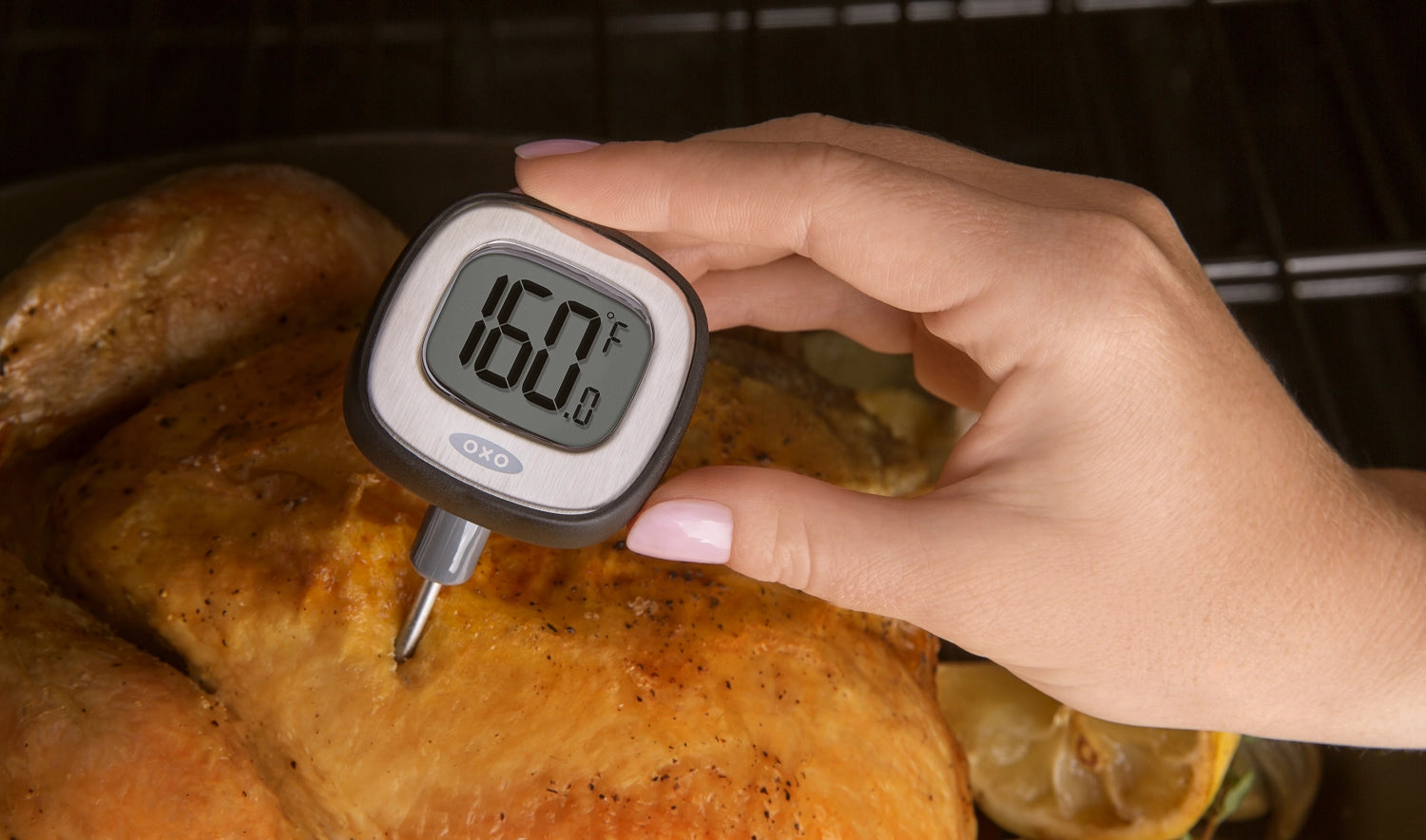 Präzises OXO Good Grips Digitalthermometer für Grill und Ofen, ideal für perfekte Garergebnisse bis 90°C.