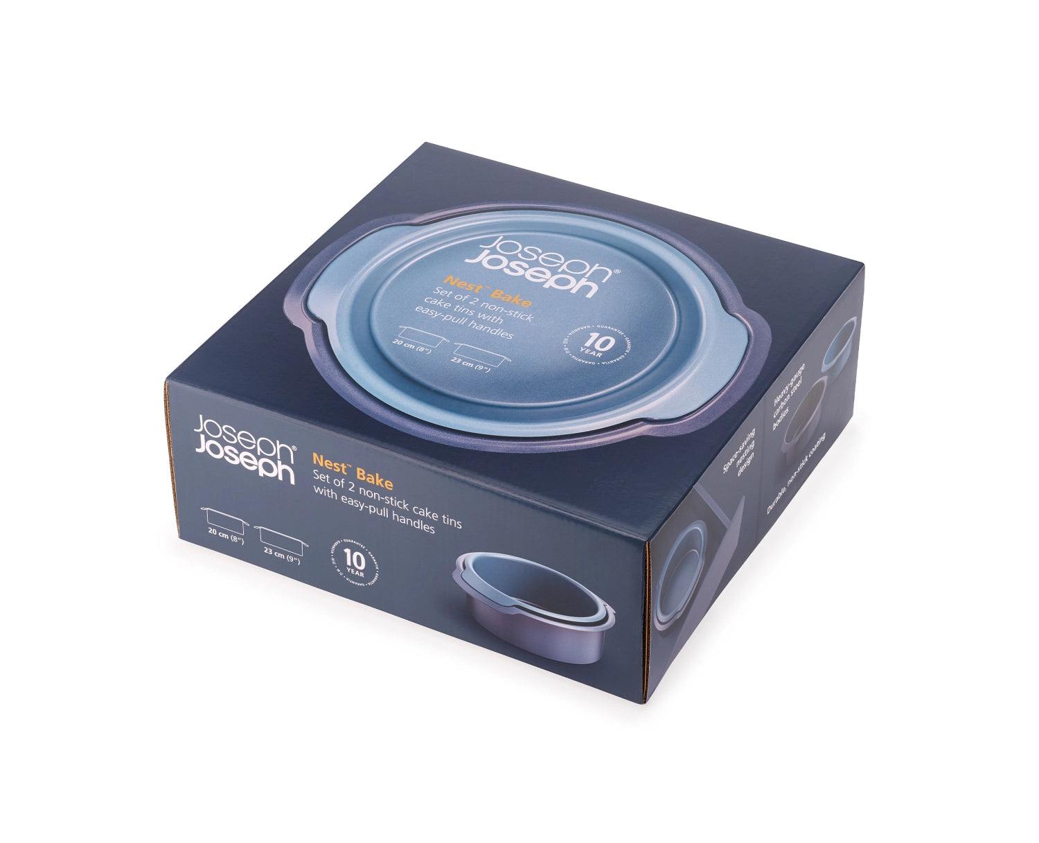 Praktisches 2er Set runder Backformen von Joseph Joseph in 20 und 23 cm, perfekt für Kuchen und platzsparend stapelbar.