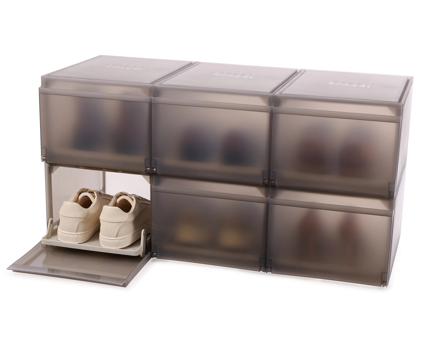 Elegantes 6er Set Schuhregal in Grau von Joseph Joseph, perfekt für die platzsparende und übersichtliche Organisation Ihrer Schuhsammlung.