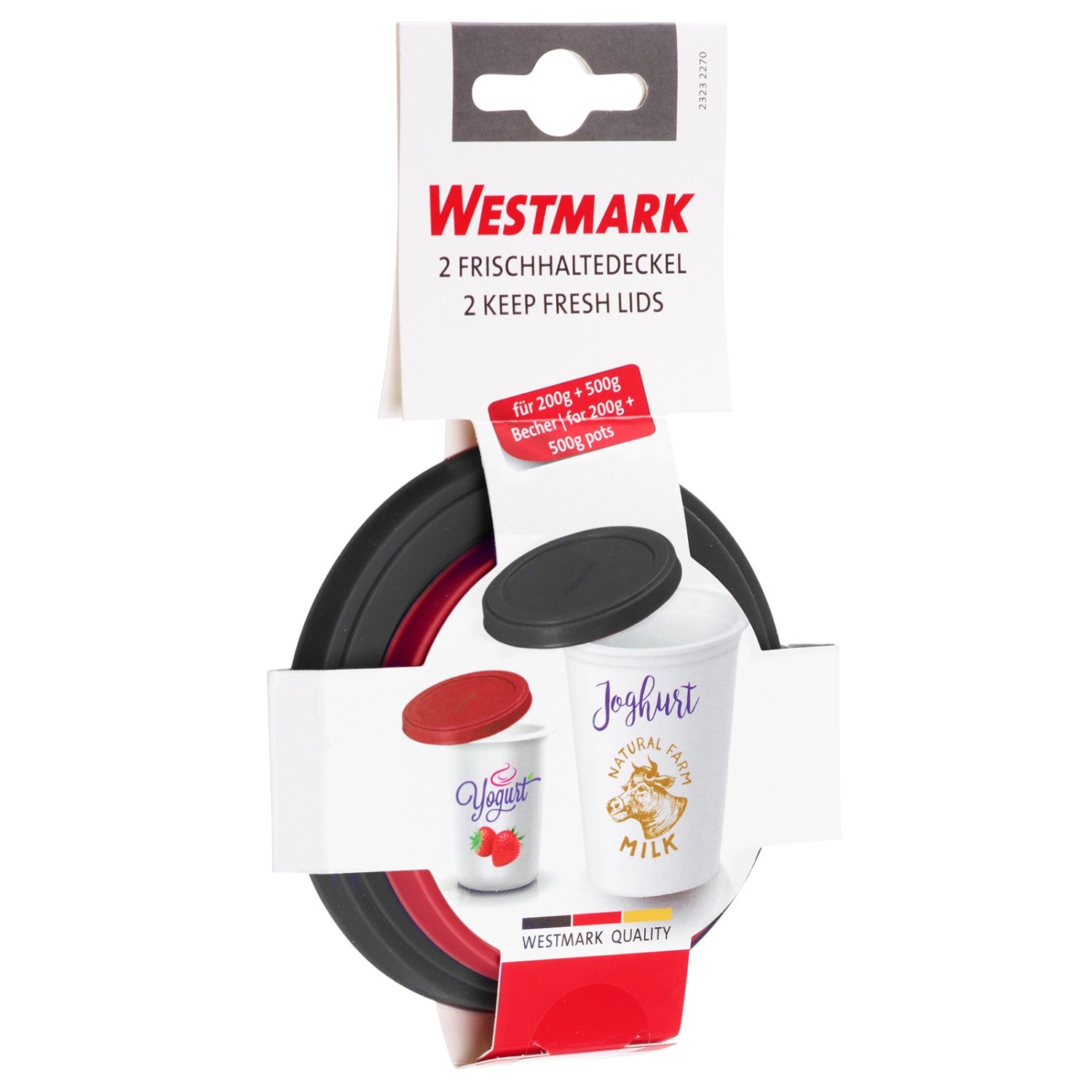 Zwei runde Frischhaltedeckel von Westmark in den Größen 10 cm und 8 cm, perfekt zum luftdichten Abdecken und Frischhalten von Speisen.