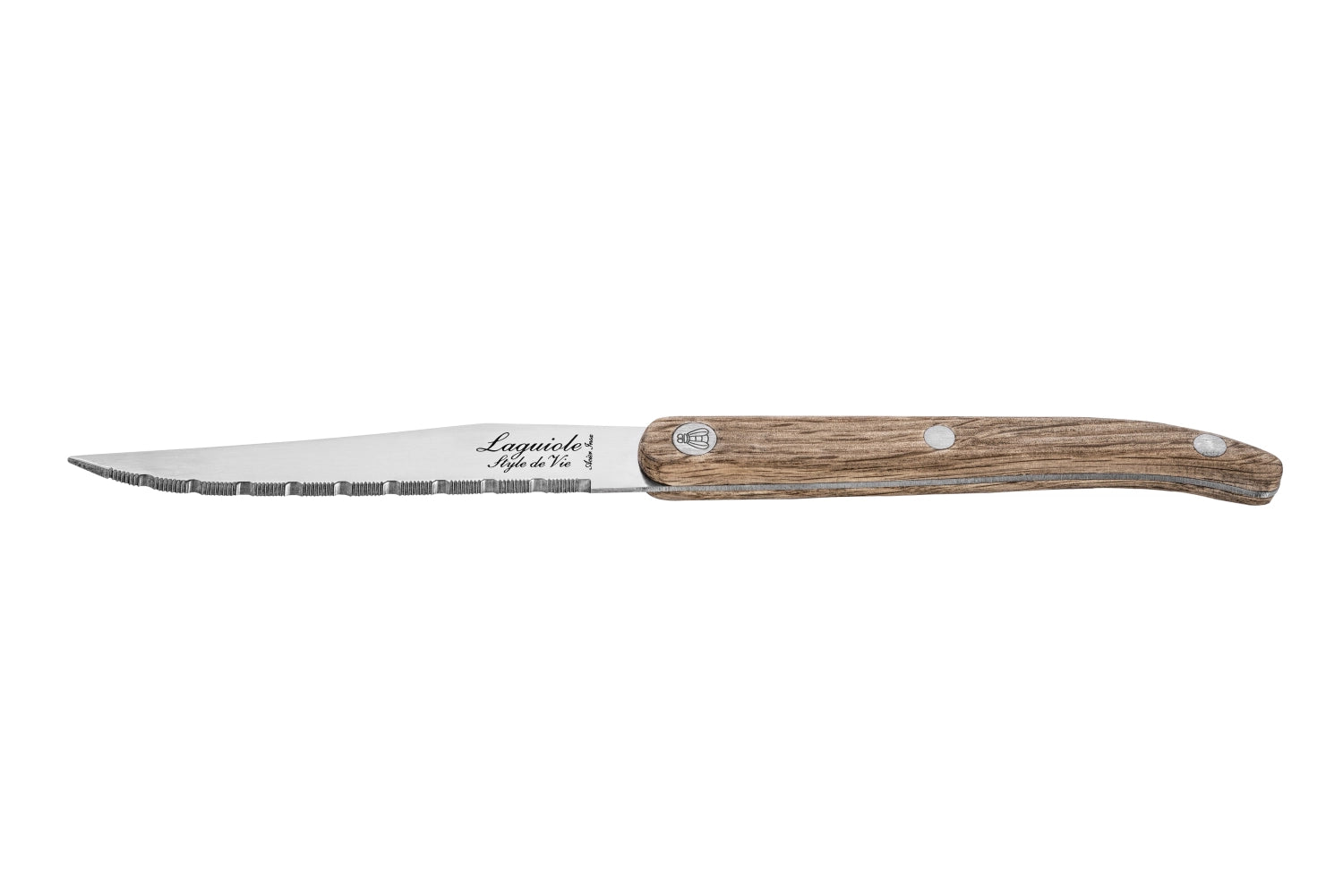 Hochwertiges Laguiole Steakmesser mit gezackter Klinge und edlem Eichenholzgriff, perfekt für Steakliebhaber und Grillfreunde.