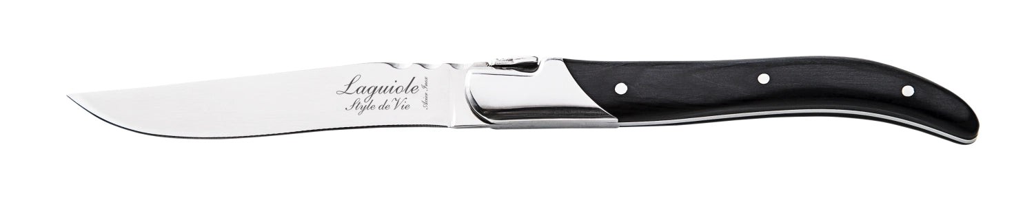 Hochwertiges Laguiole Steakmesser mit schwarzem Ebenholzgriff, ideal für Gourmets und stilvolle Dinner-Events.