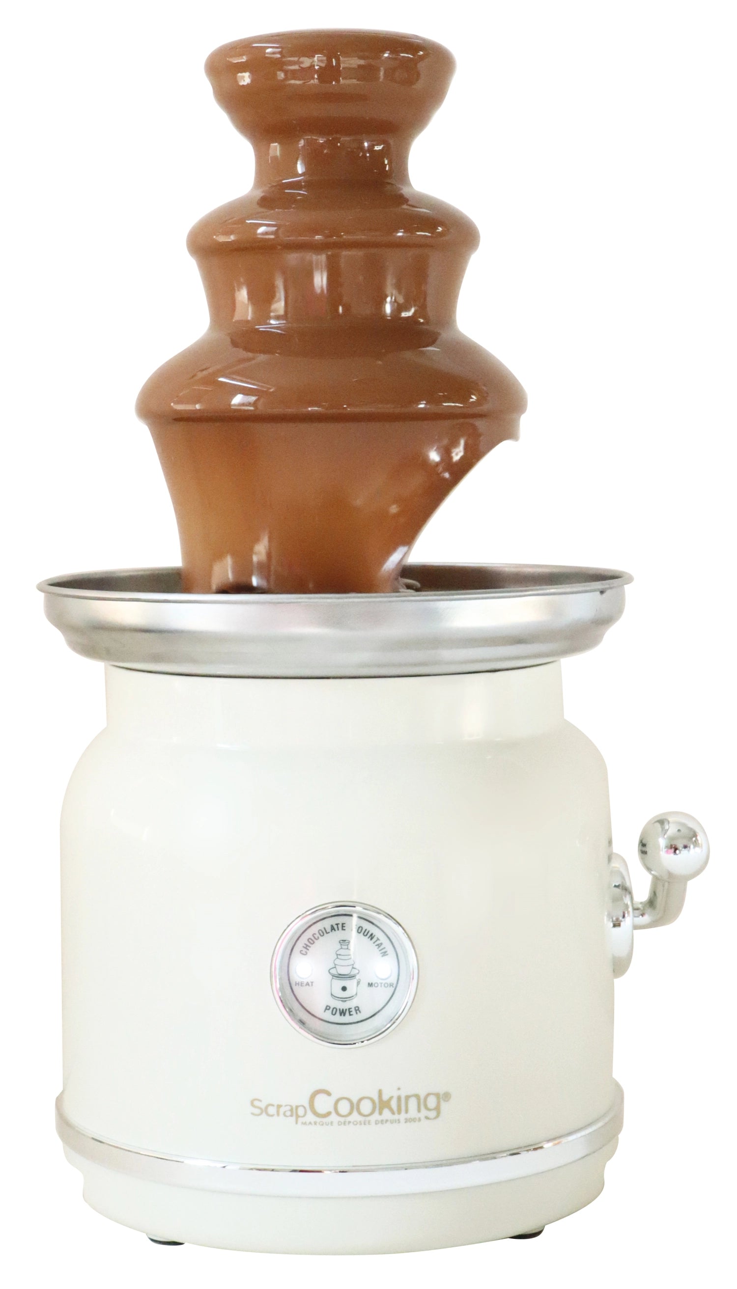 Eleganter Schokoladenbrunnen von Scrap Cooking in Weiß, perfekt für festliche Anlässe. Schmelzen Sie Schokolade für köstliche Dips!