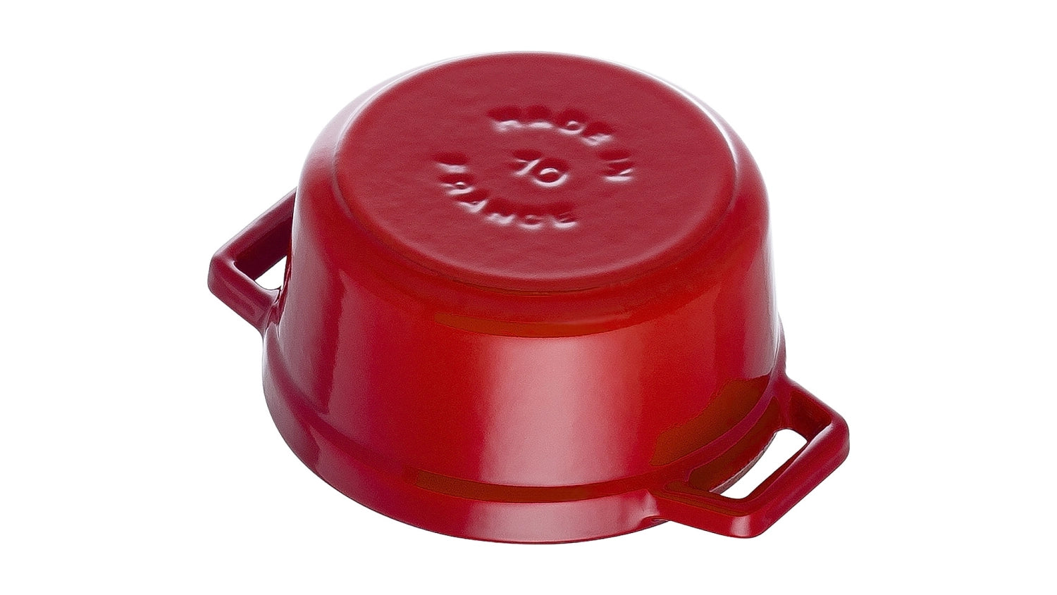 Kleine, runde Cocotte in strahlendem Kirsch-Rot, 10 cm, aus langlebigem Gusseisen, ideal für kreative Gerichte und stilvolle Servierung.