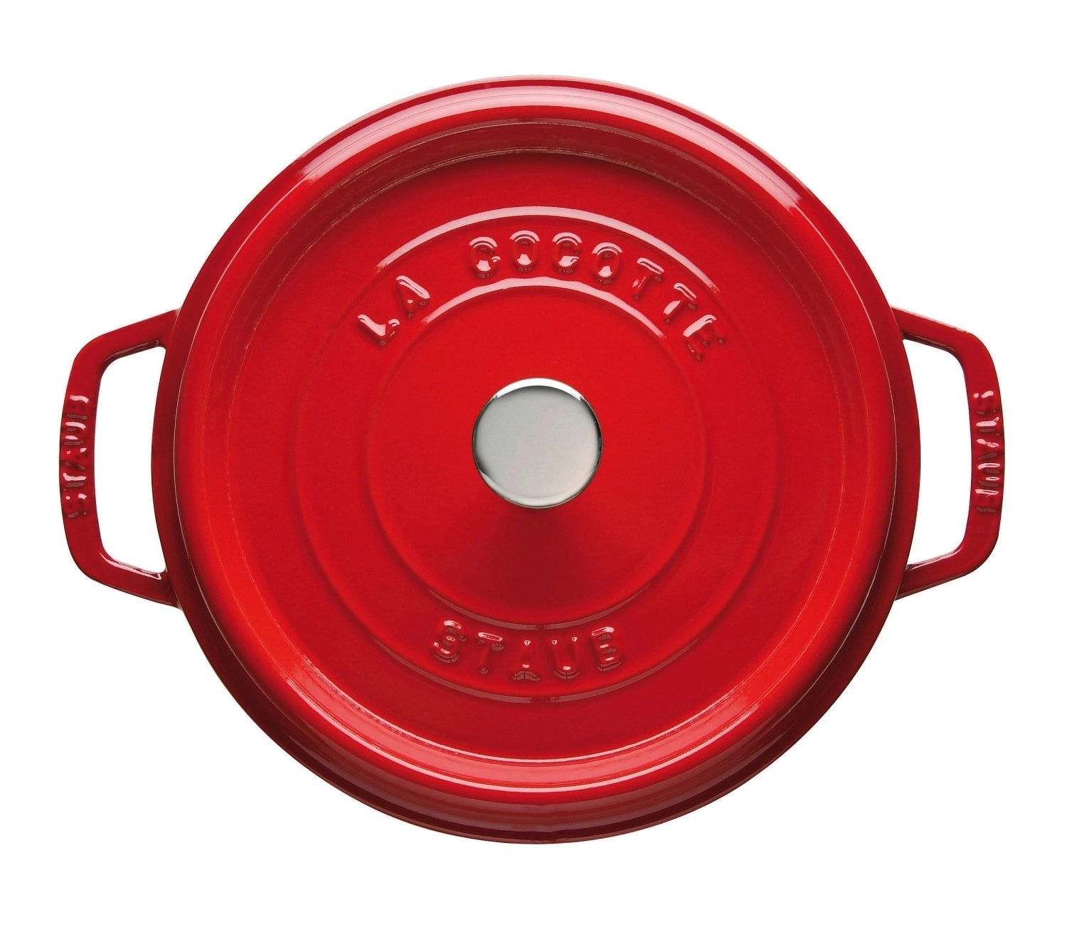 Runde Cocotte in leuchtendem Kirsch-Rot aus robustem Gusseisen, perfekt für köstliche Mahlzeiten mit einem Fassungsvermögen von 3,8 l.