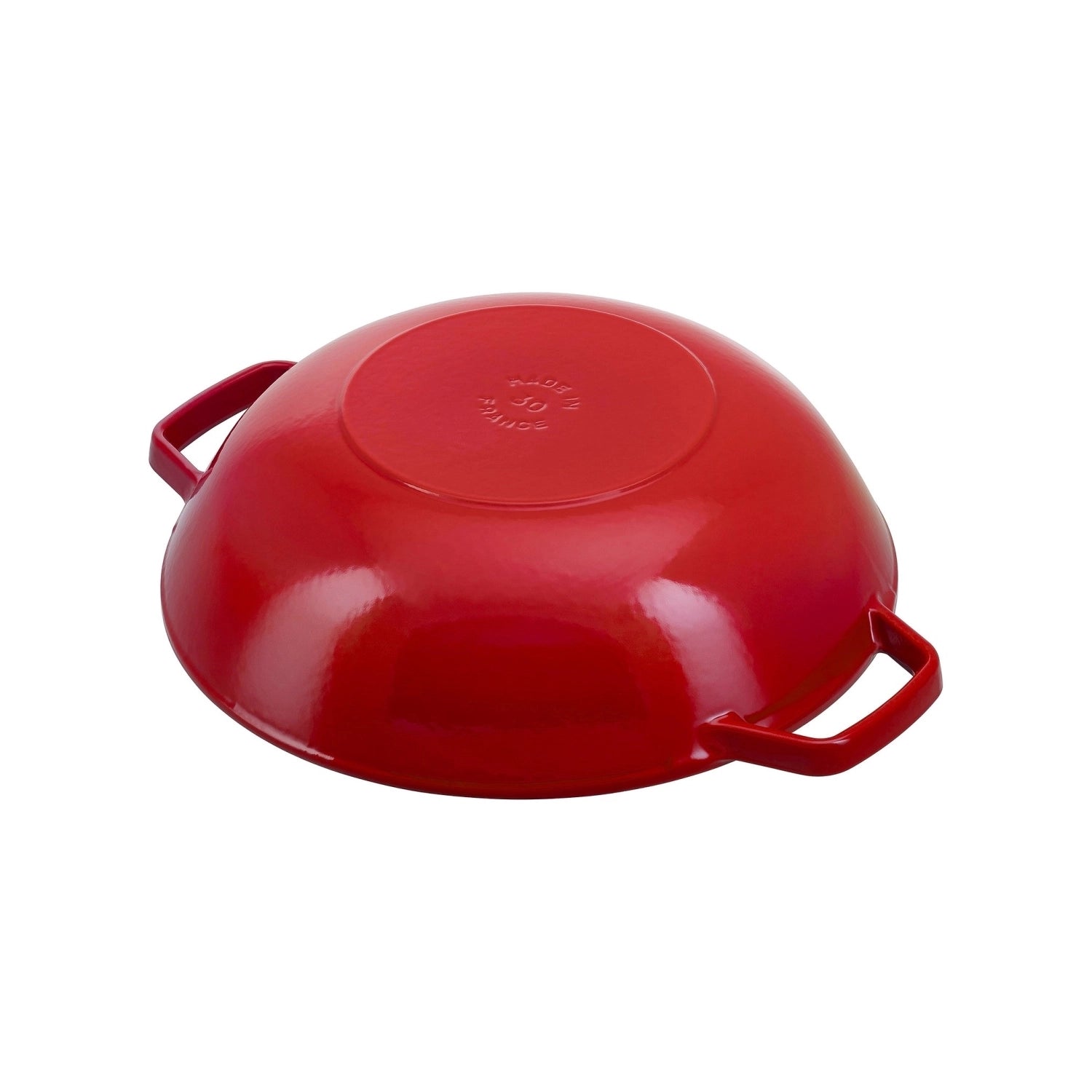 Hochwertiger Wok in leuchtendem Kirsch-Rot, 30 cm Durchmesser, 4.4 l Volumen, inklusive Glasdeckel für optimale Sicht beim Kochen.
