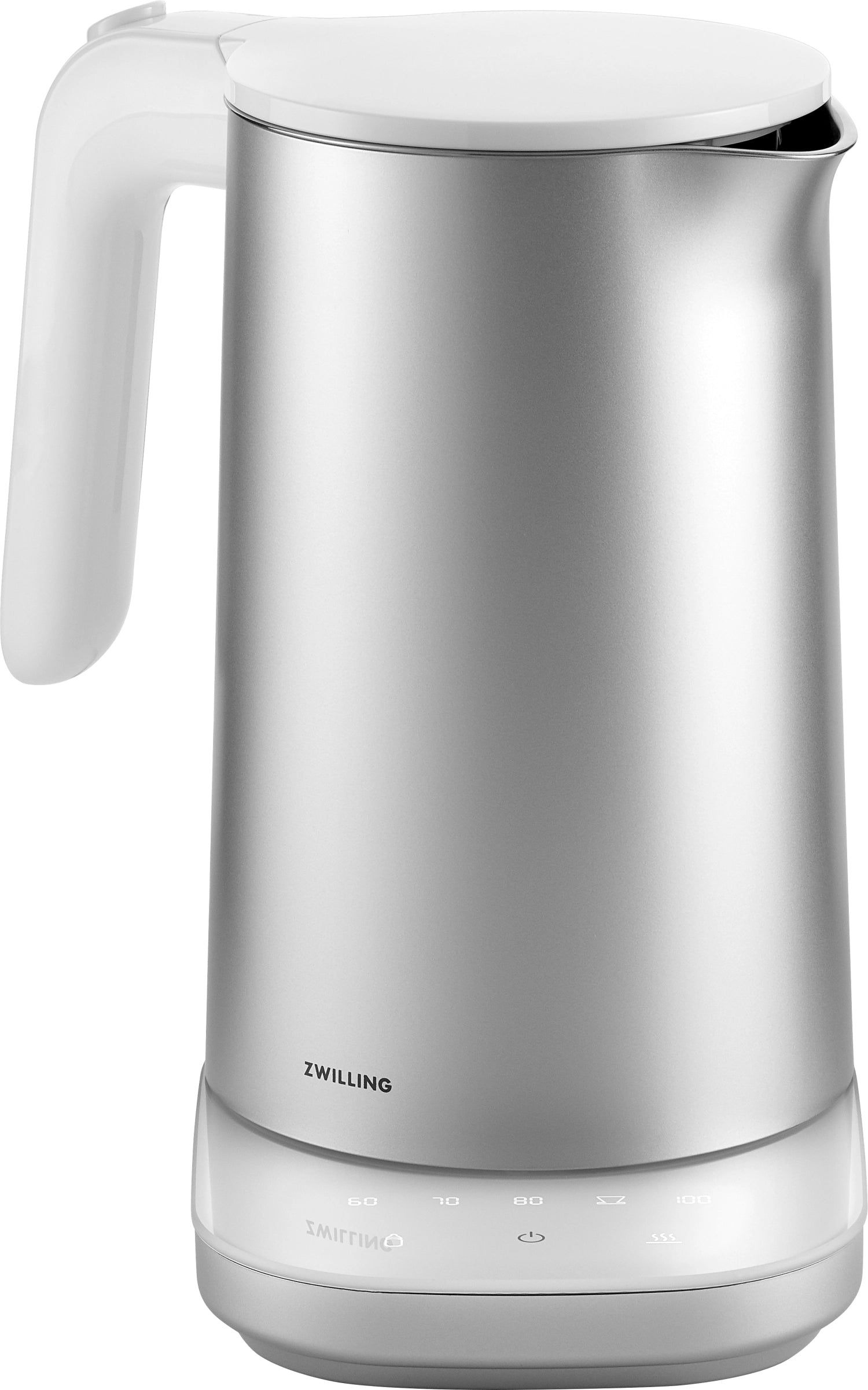 Eleganter Zwilling Enfinigy Wasserkocher PRO in Silber, 1 Liter, ideal für modernes Kochen und schnelles Erhitzen von Wasser.