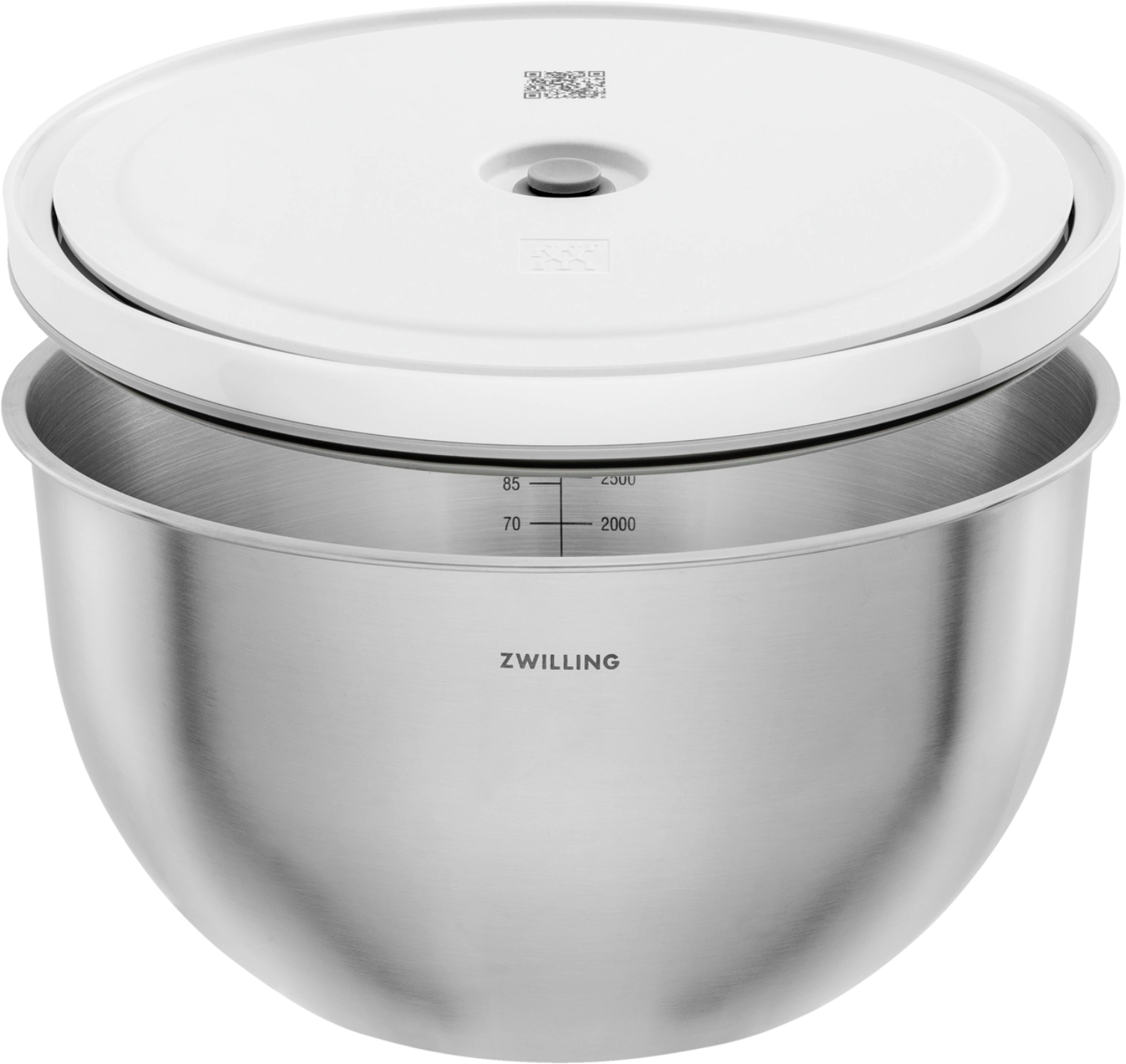 Elegante Vakuumschüssel aus Edelstahl von Zwilling, perfekt für die sichere und frische Lagerung von Lebensmitteln.