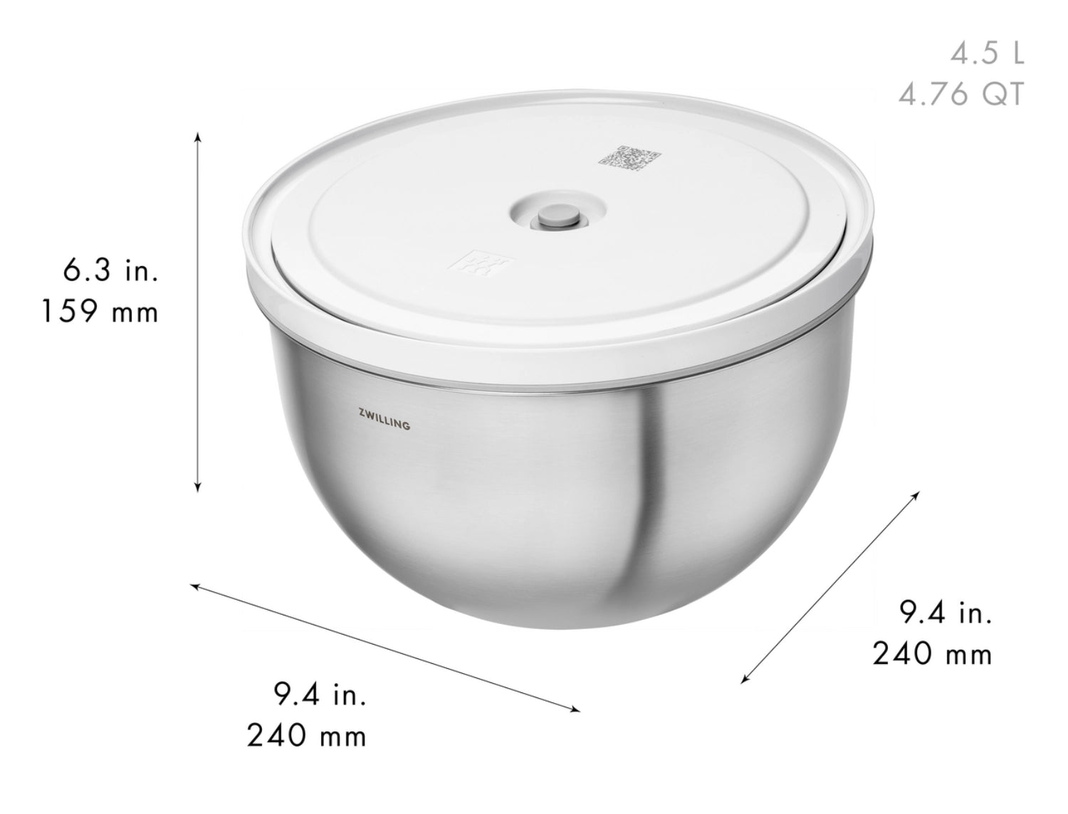 Elegante Vakuumschüssel aus Edelstahl von Zwilling, perfekt für die sichere und frische Lagerung von Lebensmitteln.