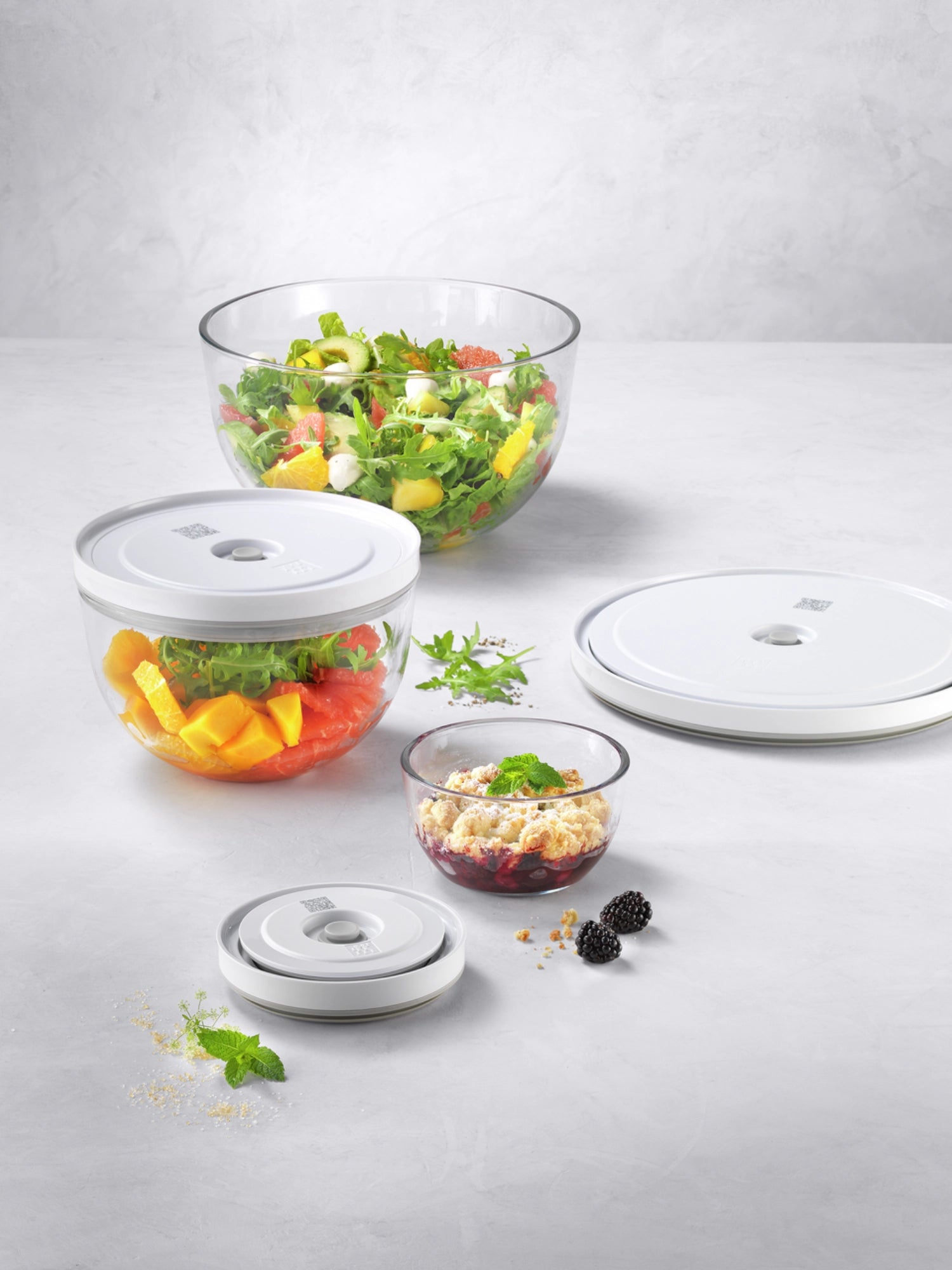 Elegantes 6-teiliges Vakuumschüssel-Set aus Glas von Zwilling, ideal für die langanhaltende Frische und Aufbewahrung von Lebensmitteln.