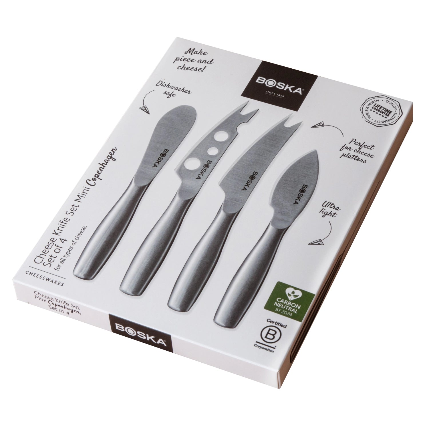 Elegantes Käsemesser-Set Mini Copenhagen aus silbernem Edelstahl, perfekt für Käseliebhaber und stilvolle Präsentationen, Maße: 176x146x21mm.