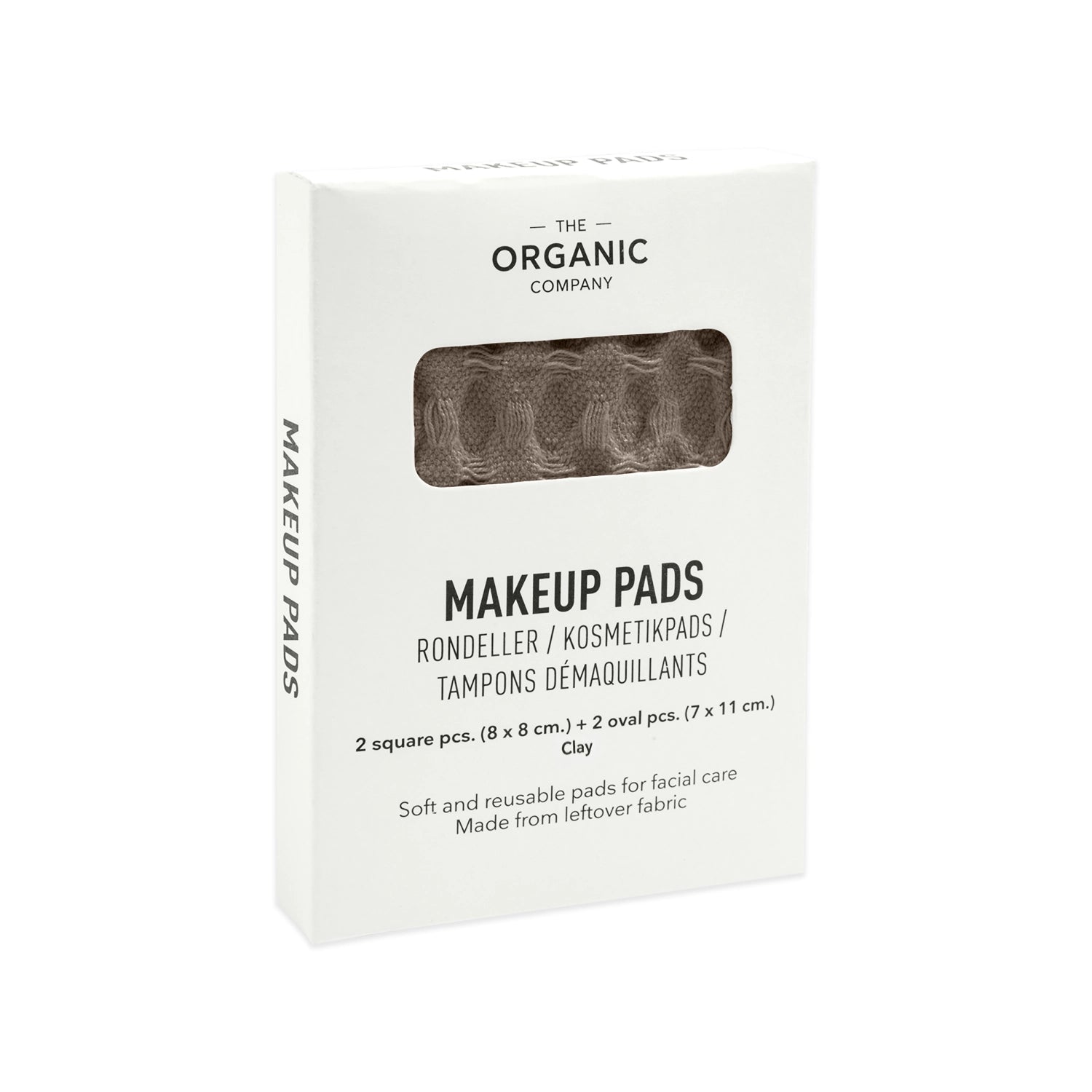 Set von 4 großen Waffle Makeup Pads (8x8 cm) in Clay aus Biobaumwolle, ideal für sanfte Hautpflege und umweltfreundlich, von The Organic Company.