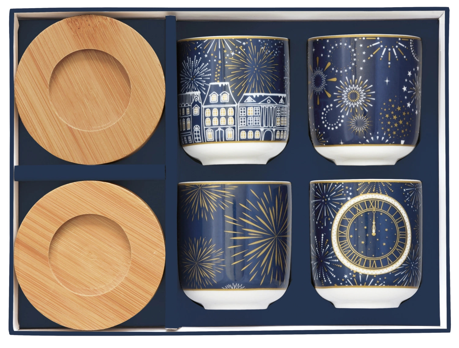 Elegantes 4er Set Midnight Espressotassen (110ml) in tiefem Blau, inklusive stilvollen Bambusuntersetzern, ideal für Kaffeeliebhaber.