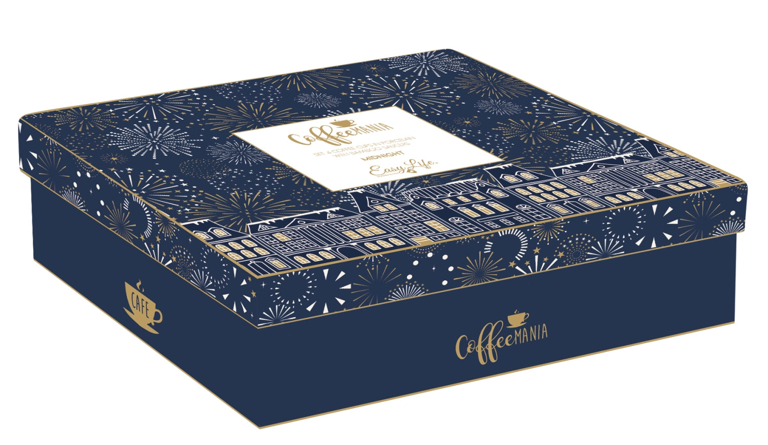 Stilvolles 4er Set Midnight Espressotassen (110ml) in edlem Dunkelblau, ergänzt durch praktische Bambusuntersetzer – perfekt für jeden Kaffeegenuss.