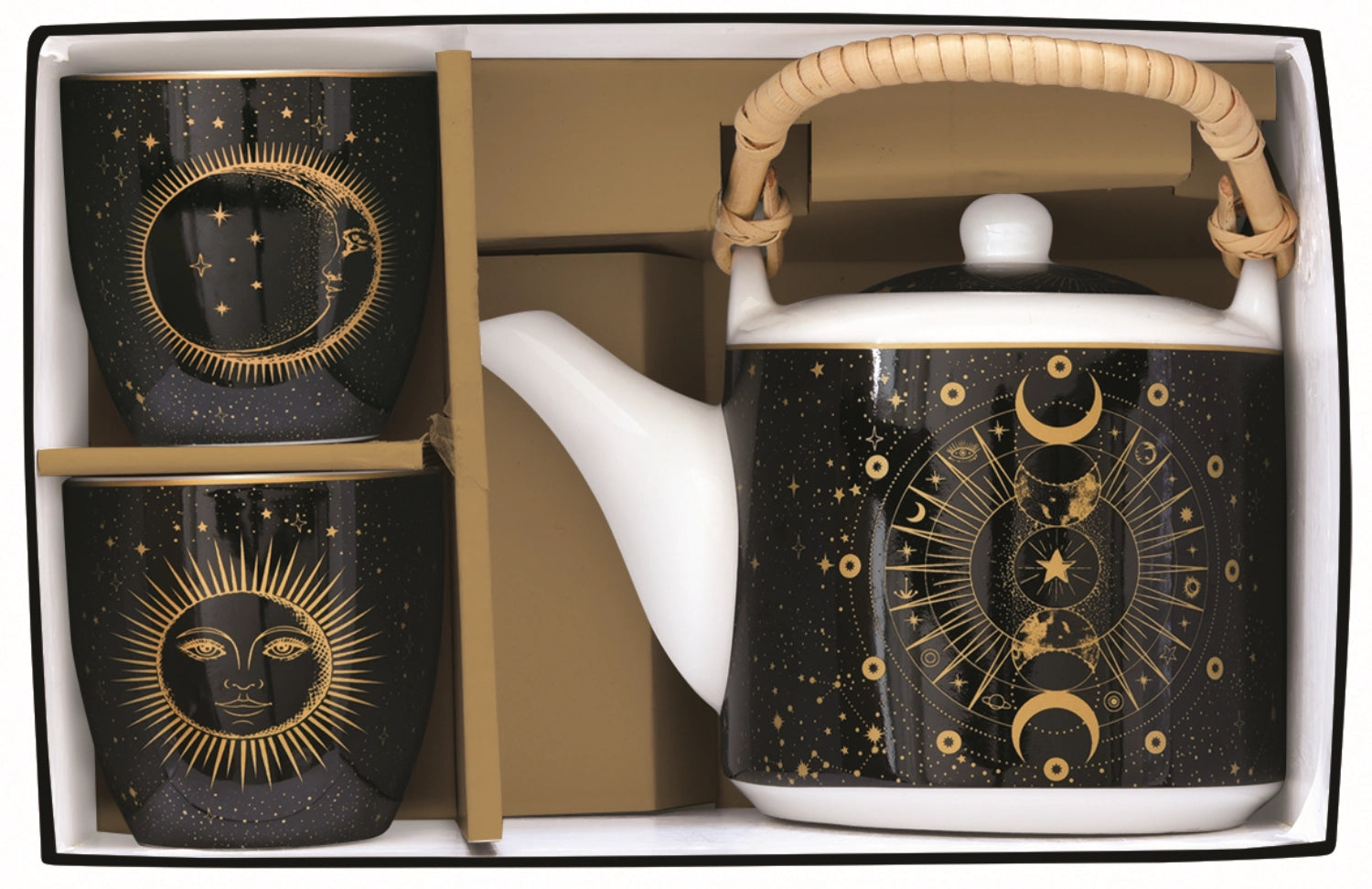 Elegantes Celestial Teeset mit 600ml Teekanne und zwei stilvollen Porzellantassen in bunten Farben, ideal für Teeliebhaber.