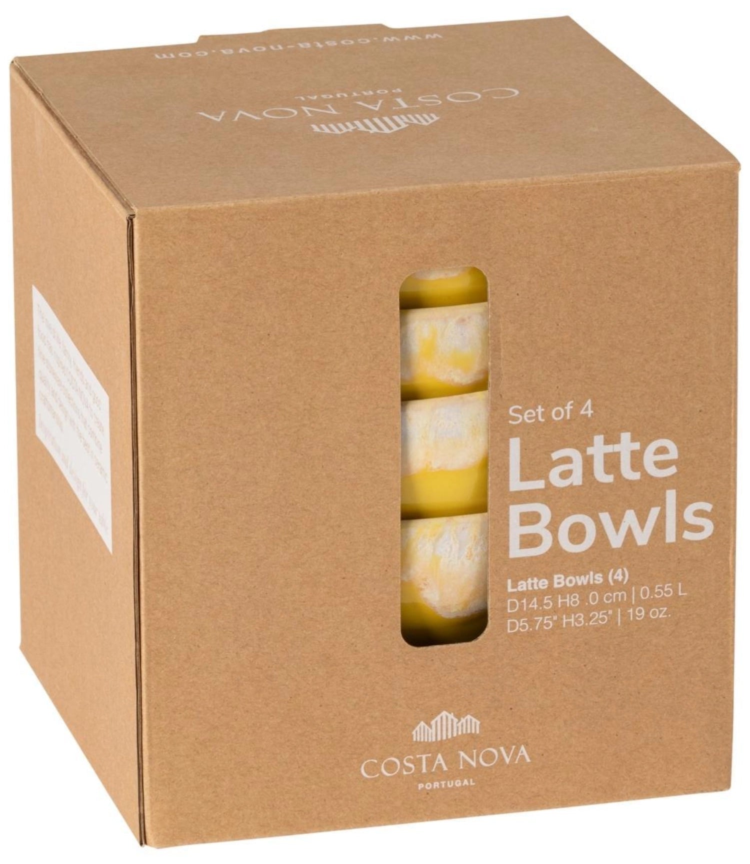 Vibrantes 4er Set Latte Bowls in Gelb, ideal für Desserts oder Snacks. Jede Schale fasst 550ml und hat einen Durchmesser von 14,5cm.