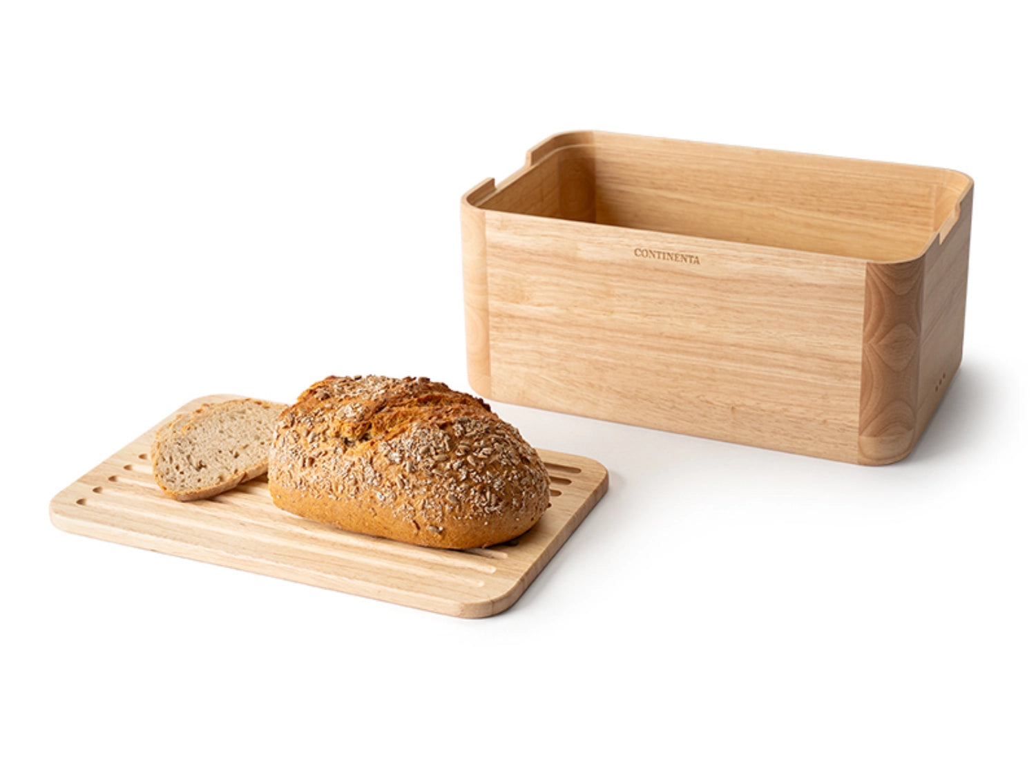 Eleganter Brotkasten aus Gummibaumholz in warmem Braun, ideal zur Aufbewahrung von Brot und Brötchen. Hochwertige Verarbeitung von Continenta.