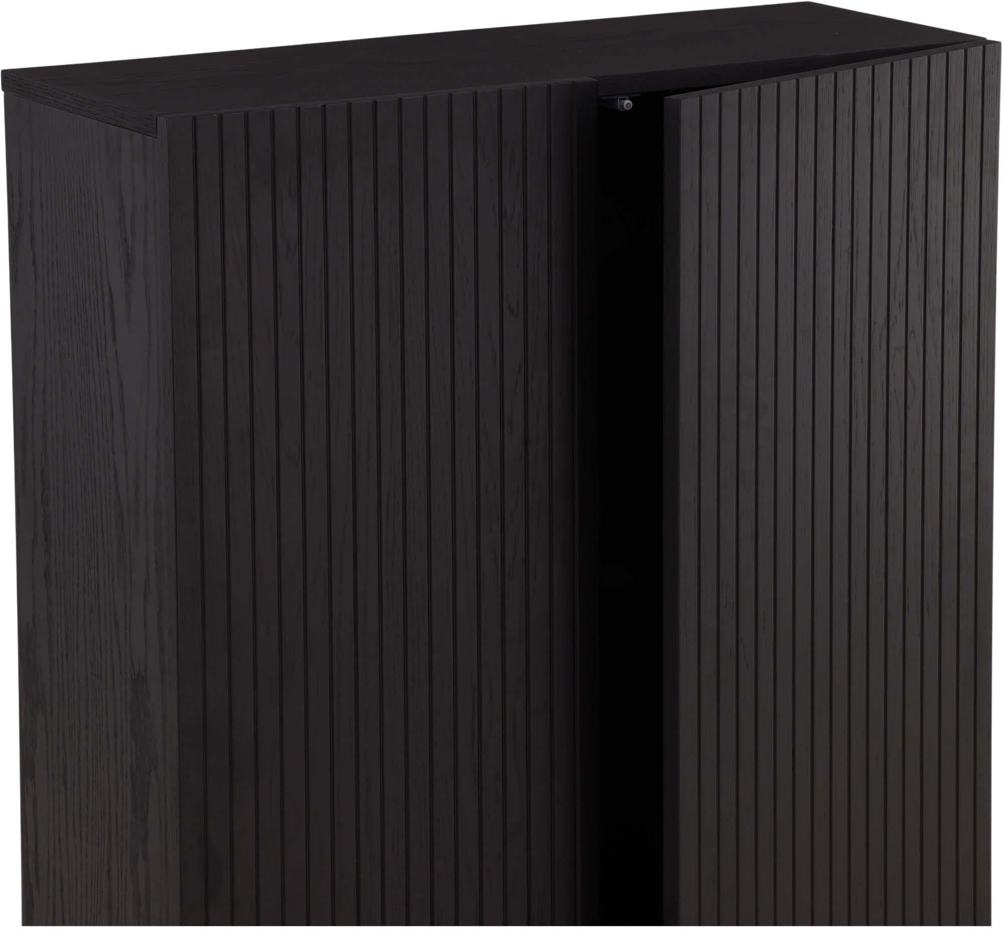 Eleganter Björkön Kabinett von Vind: Hochreliefdesign, MDF, Rippenoptik, schwarzer Stahl, vielseitig einsetzbar.