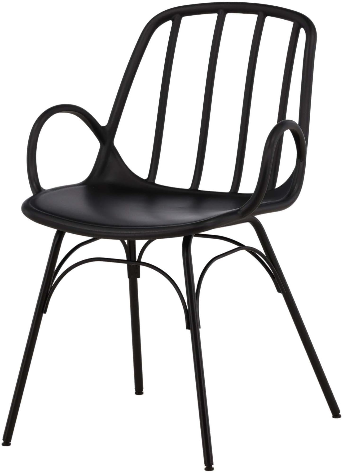 Eleganter Dyrön Stuhl: Schwarzer Kunststoff, Stahlgestell, skandinavisches Design, komfortabel, pflegeleicht, zeitlos.