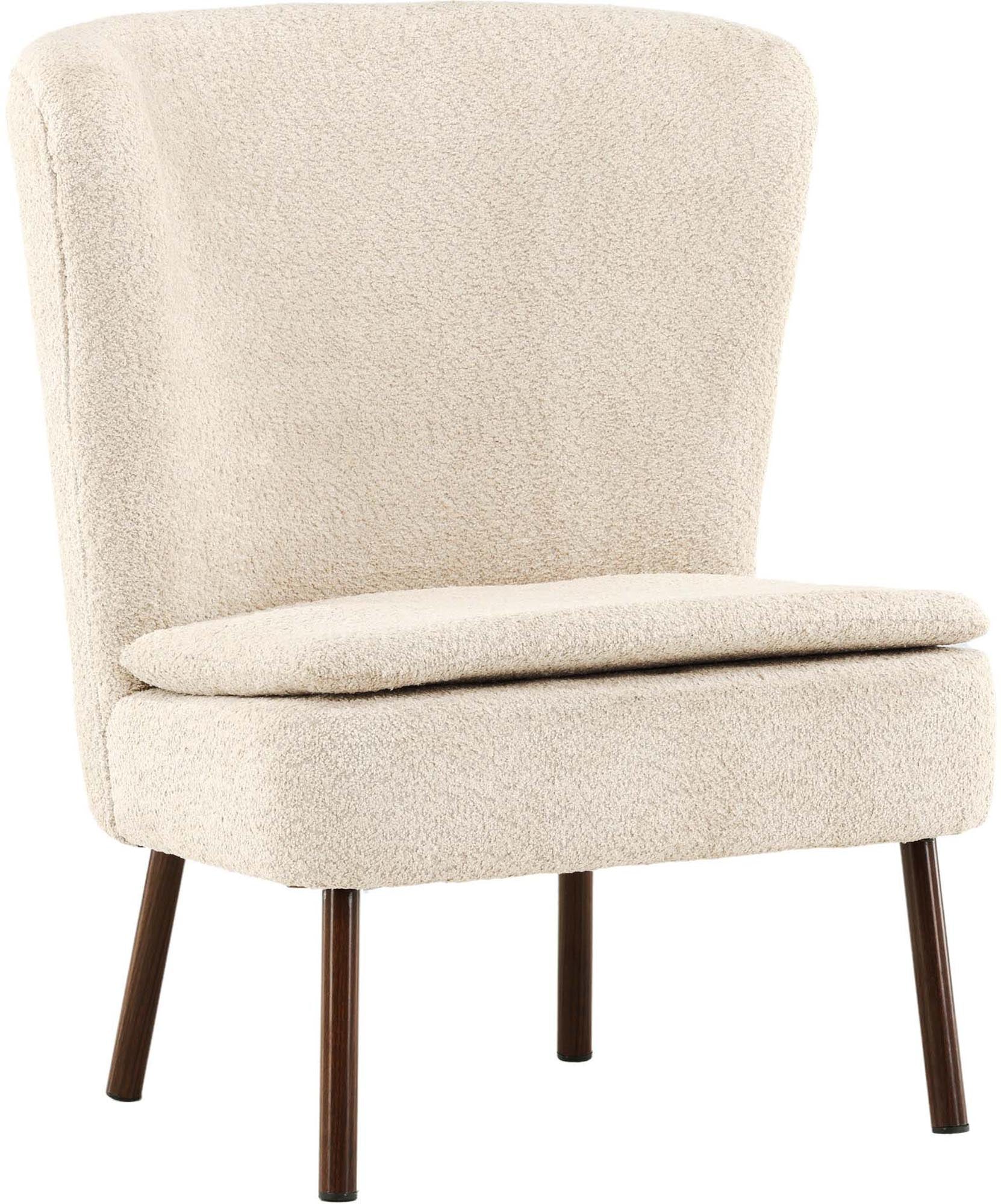 Entdecken Sie den Hällsö Sessel von Vind – stilvoll, bequem und perfekt für Ihr Wohnzimmer. Aus beigem Boulé-Stoff und Walnussholz gefertigt, ideal für Leseecken!