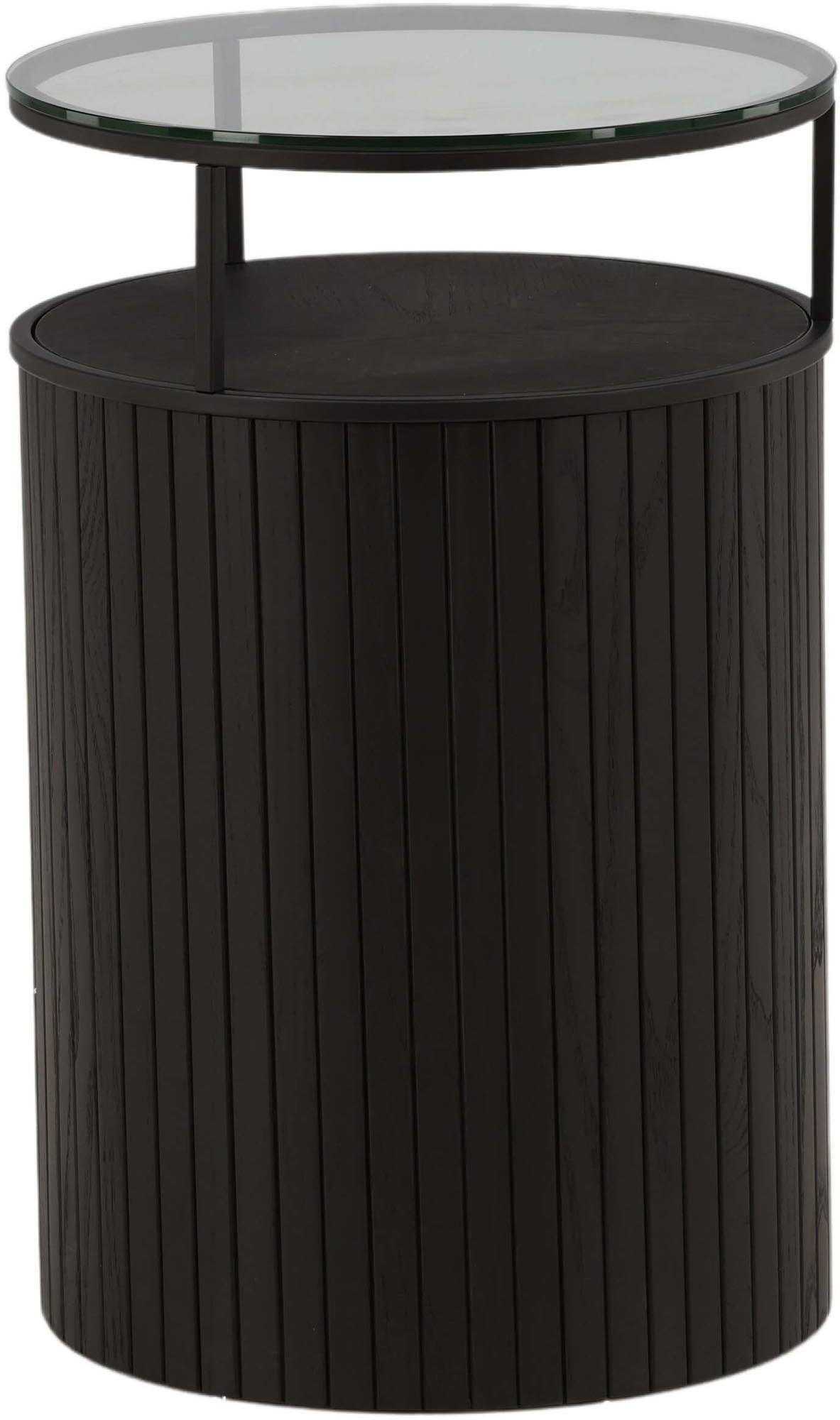 Eleganter Beistelltisch aus Metall und Glas mit Ascheholz-Details, ideal für moderne Wohnräume.