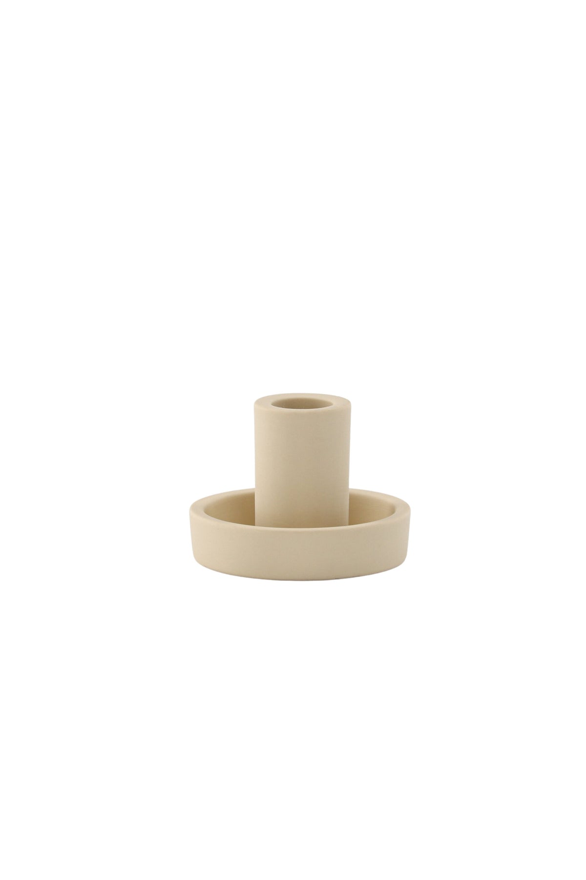 Runder weisser Kerzenständer Ceco aus Ton mit schlichter, minimalistischer Form, Durchmesser 11 cm, Höhe 6 cm.
