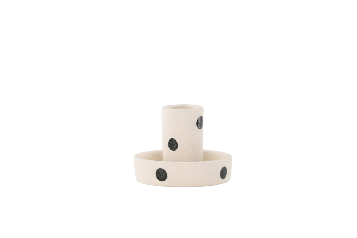 Runder weisser Kerzenständer Ceco aus Ton mit schlichter, minimalistischer Form, Durchmesser 11 cm, Höhe 6 cm.