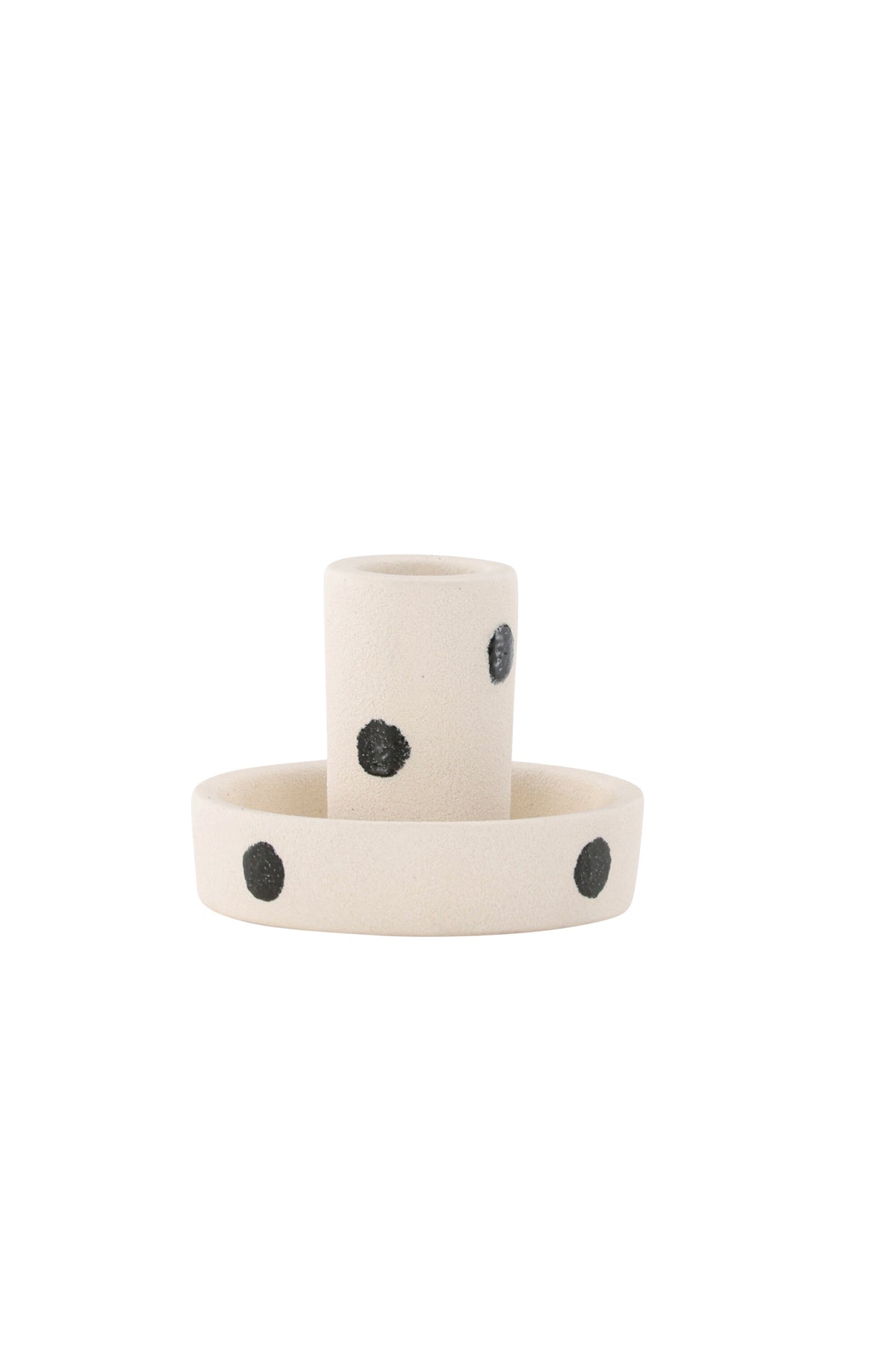 Runder weisser Kerzenständer Ceco aus Ton mit schlichter, minimalistischer Form, Durchmesser 11 cm, Höhe 6 cm.
