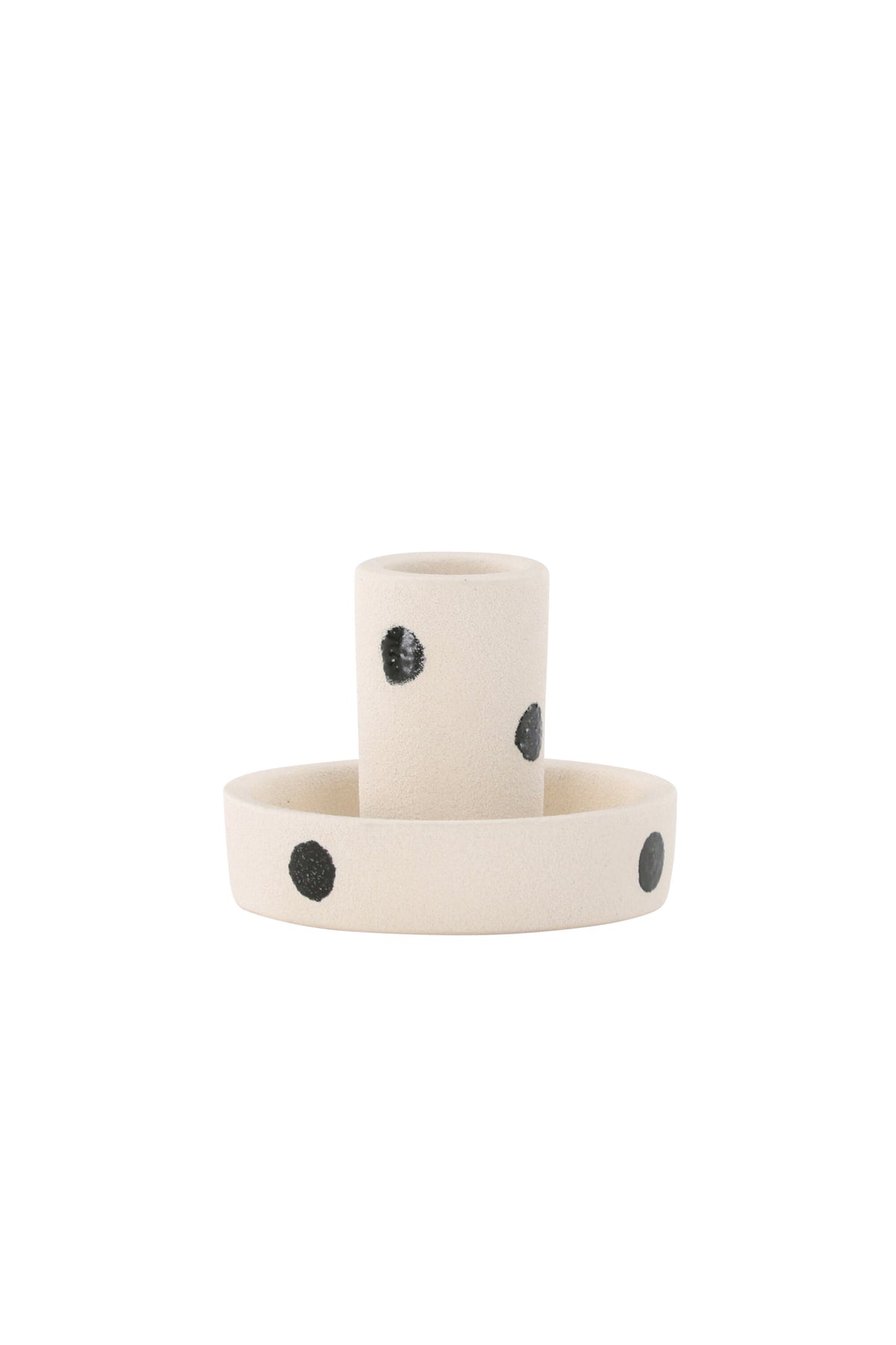Runder weisser Kerzenständer Ceco aus Ton mit schlichter, minimalistischer Form, Durchmesser 11 cm, Höhe 6 cm.