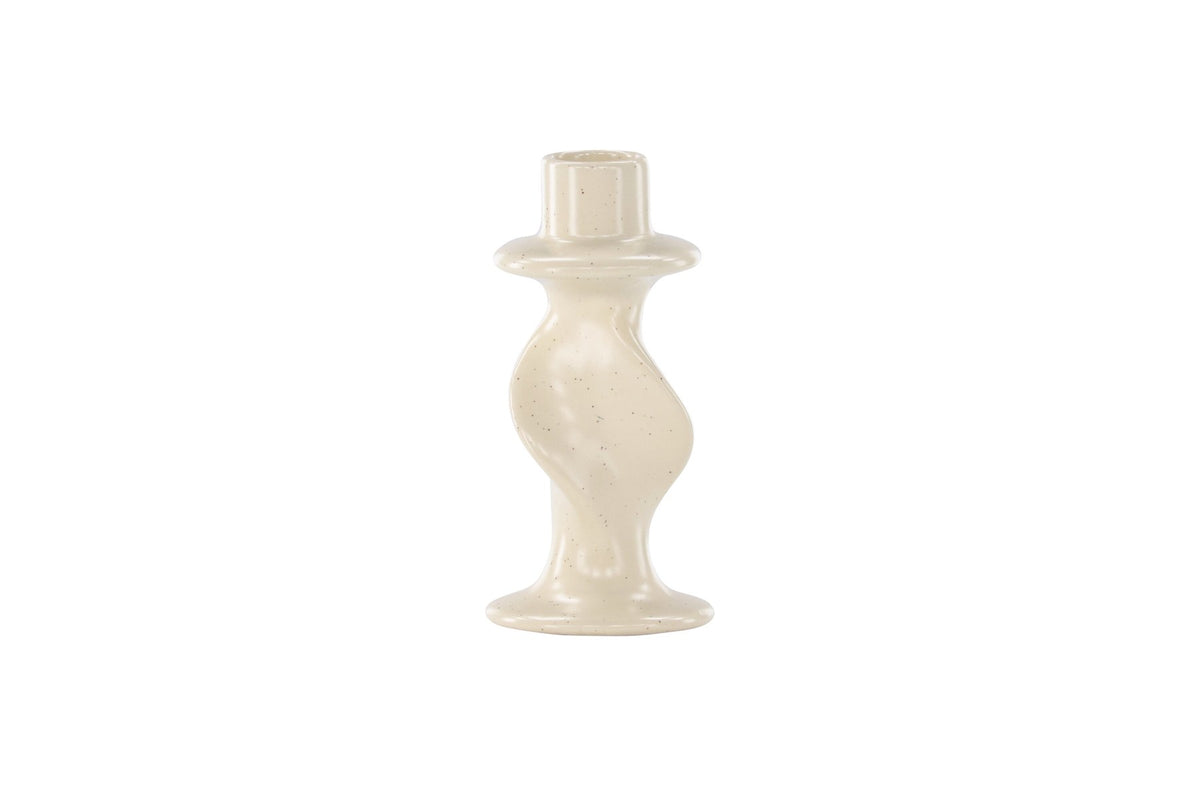 Kleiner runder Kerzenständer aus beigem Steinzeug, schlichte Form, Durchmesser 6 cm, Höhe 12 cm, Glory-Serie von Venture Home