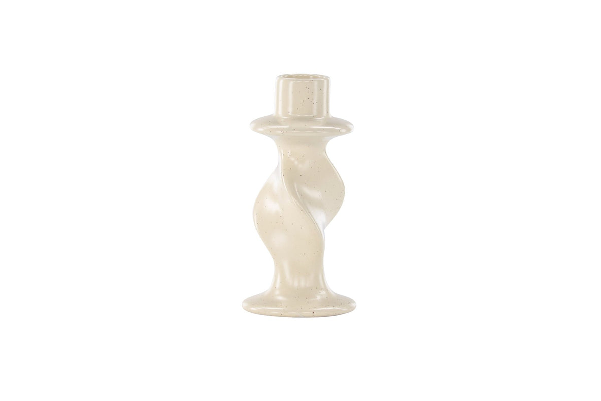 Kleiner runder Kerzenständer aus beigem Steinzeug, schlichte Form, Durchmesser 6 cm, Höhe 12 cm, Glory-Serie von Venture Home