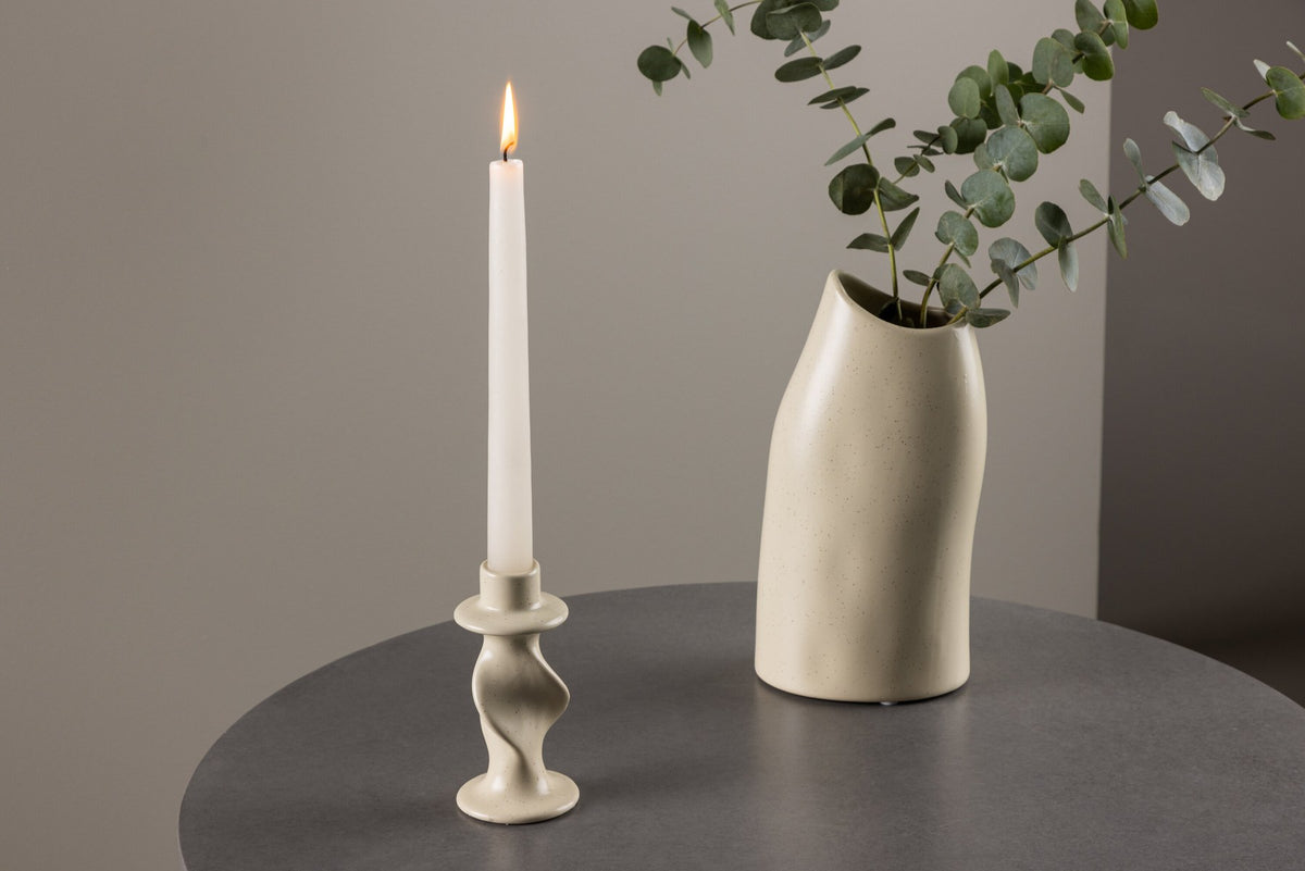 Kleiner runder Kerzenständer aus beigem Steinzeug, schlichte Form, Durchmesser 6 cm, Höhe 12 cm, Glory-Serie von Venture Home