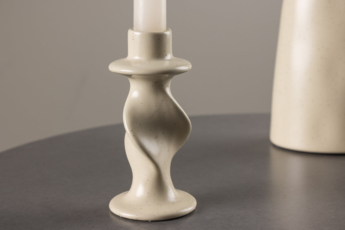Kleiner runder Kerzenständer aus beigem Steinzeug, schlichte Form, Durchmesser 6 cm, Höhe 12 cm, Glory-Serie von Venture Home