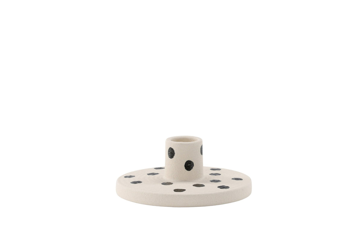 Kerzenständer Bette von Venture Home aus Steinzeug in Schwarz-Weiss, runde Form mit flacher Basis und kleiner Kerzenaufnahme.