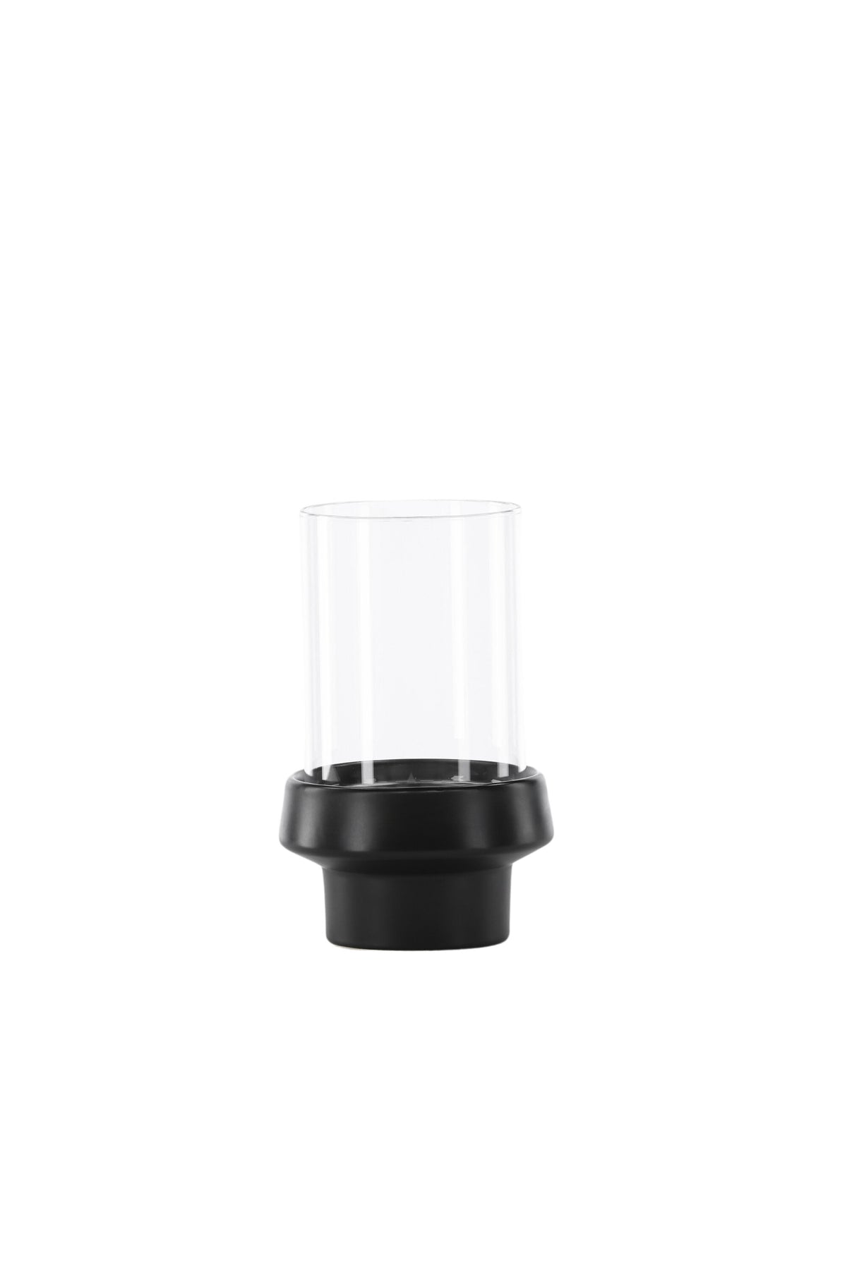 Teelichthalter Davida von Venture Home aus Steinzeug in Schwarz mit klaren Glasdetails, Grösse D: 13 cm x H: 20 cm, rundes Design.