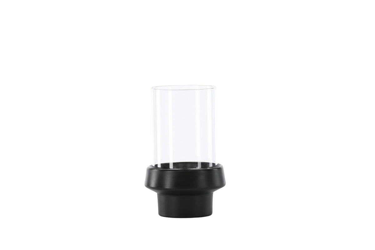 Teelichthalter Davida von Venture Home aus Steinzeug in Schwarz mit klaren Glasdetails, Grösse D: 13 cm x H: 20 cm, rundes Design.