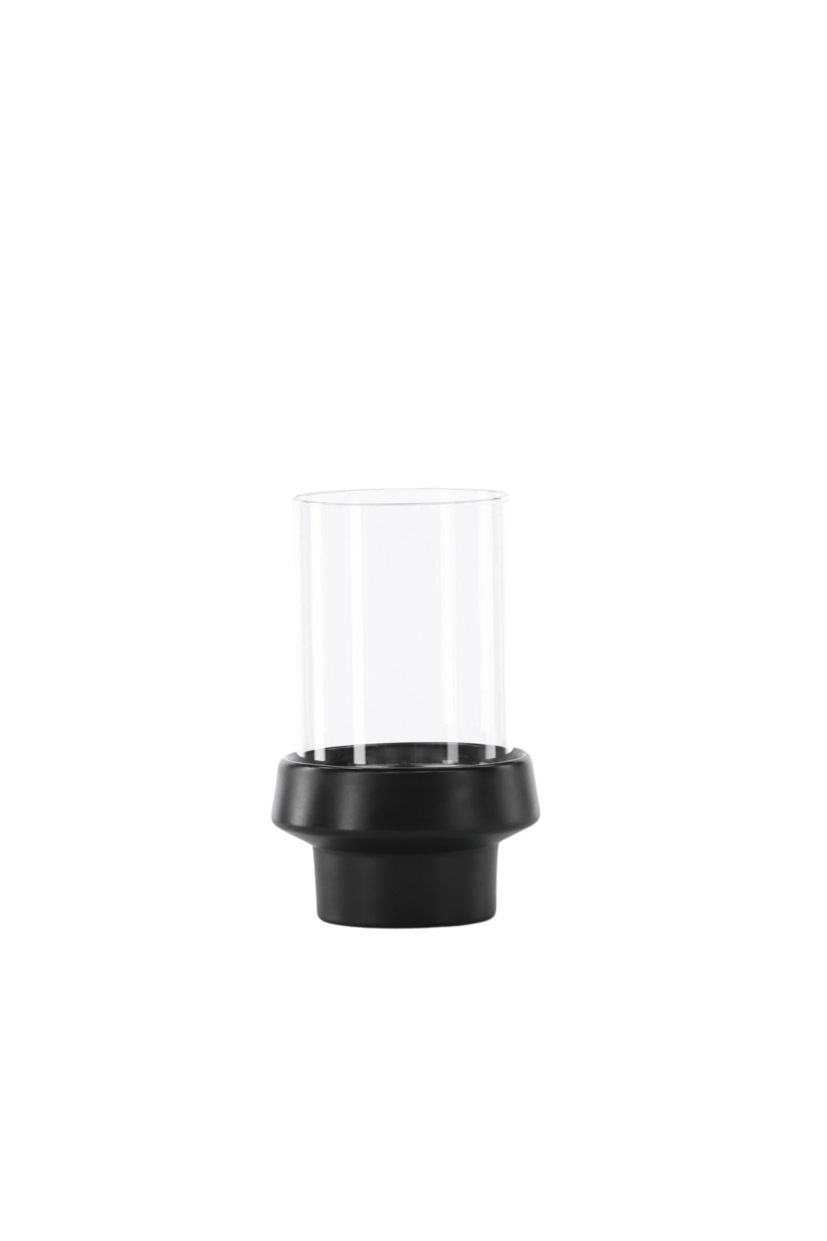 Teelichthalter Davida von Venture Home aus Steinzeug in Schwarz mit klaren Glasdetails, Grösse D: 13 cm x H: 20 cm, rundes Design.
