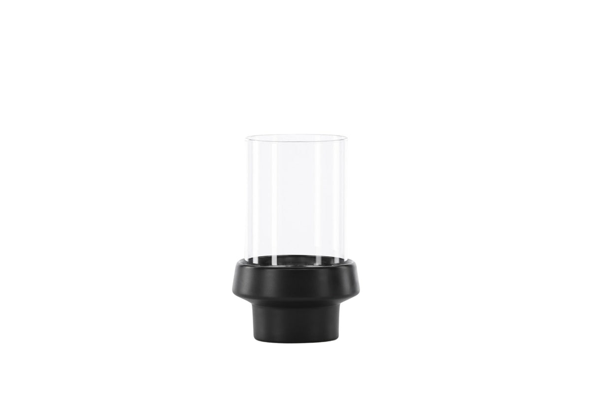 Teelichthalter Davida von Venture Home aus Steinzeug in Schwarz mit klaren Glasdetails, Grösse D: 13 cm x H: 20 cm, rundes Design.