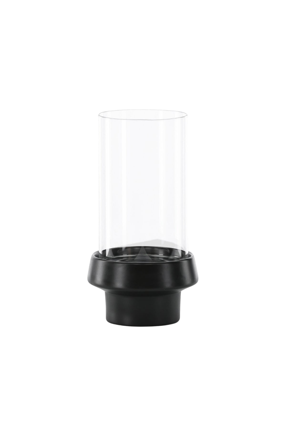 Teelichthalter Davida von Venture Home aus Steinzeug in Schwarz mit klaren Glasdetails, Grösse D: 13 cm x H: 20 cm, rundes Design.